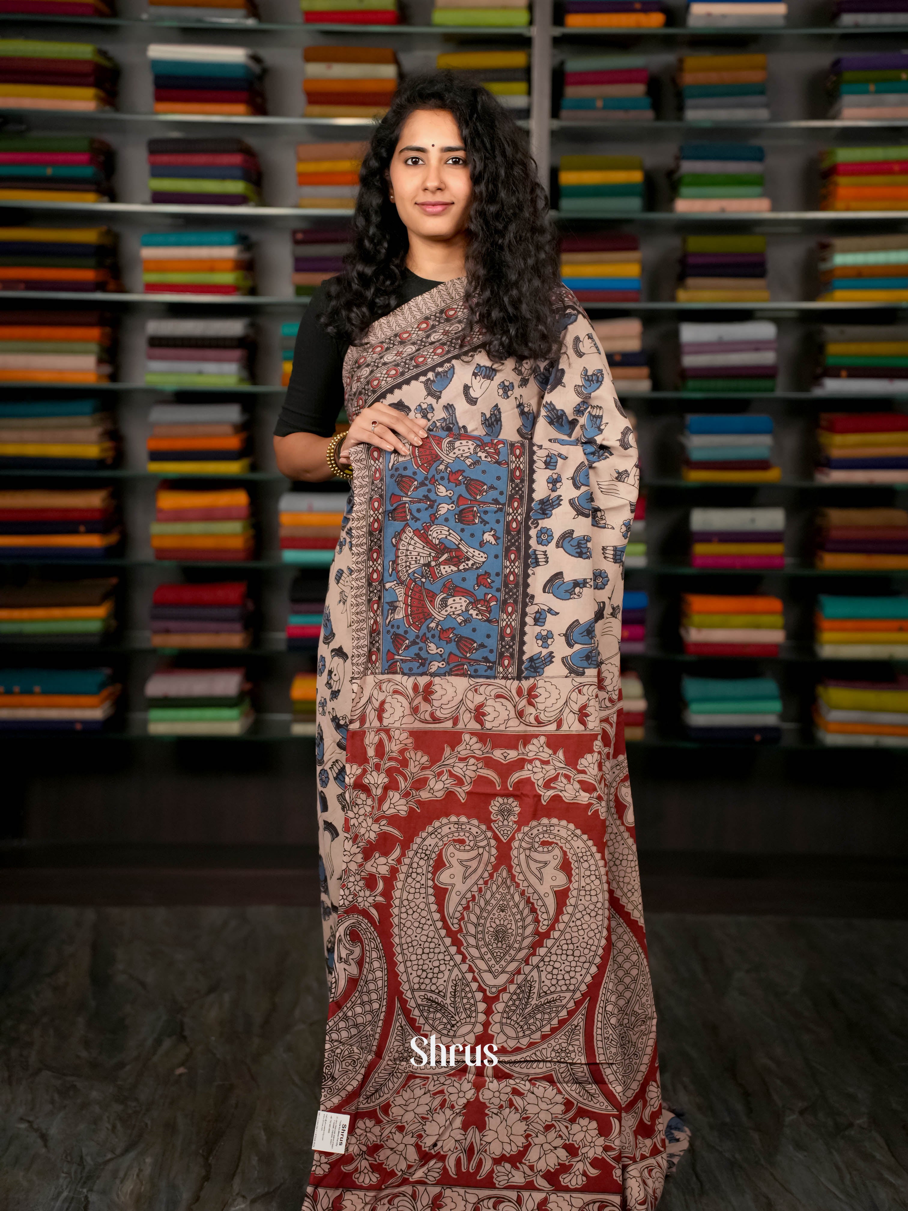 Cream & Red- kalamkari-cotton Saree - Shop on ShrusEternity.com