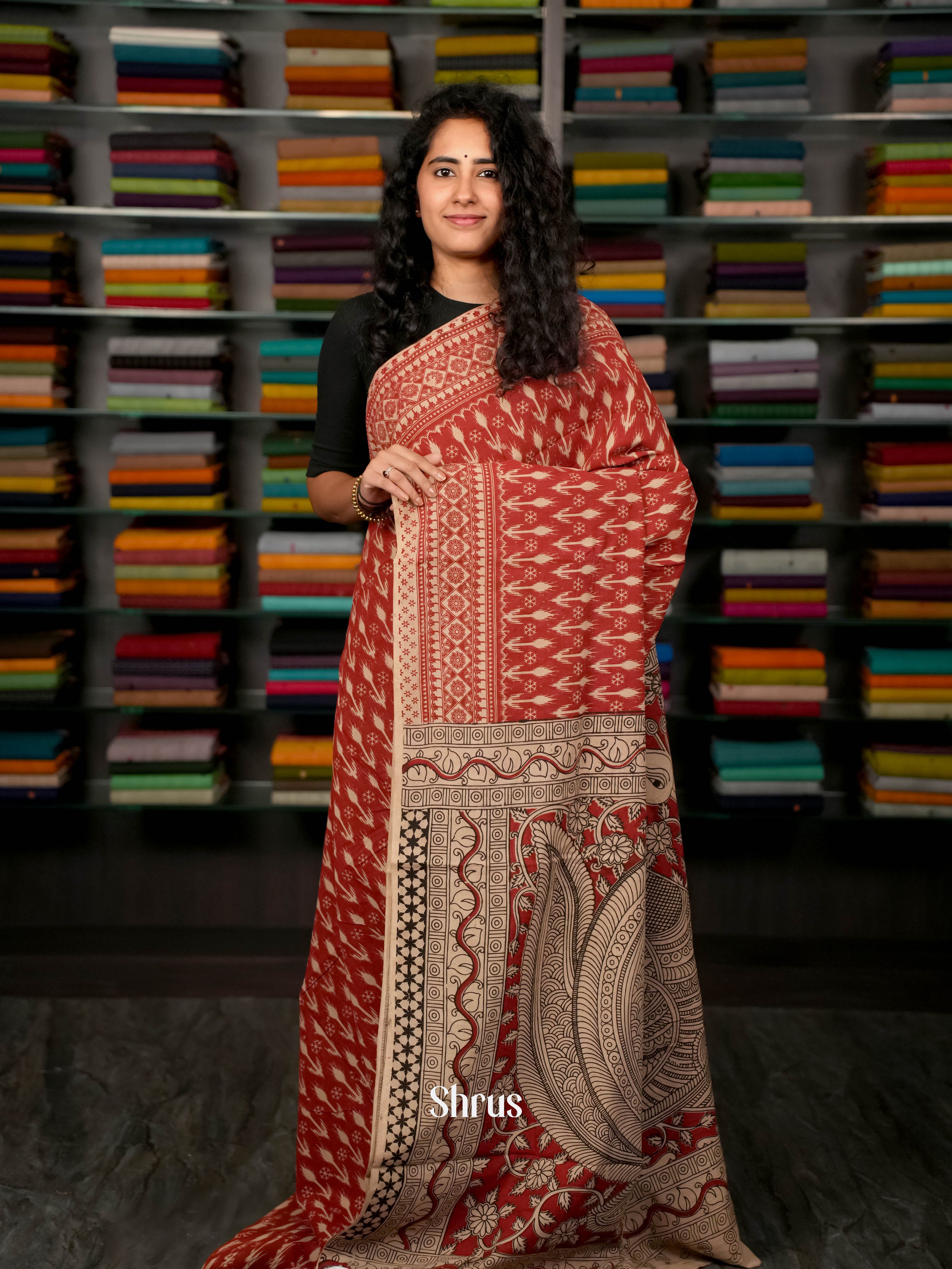 Red & Cream - kalamkari-cotton Saree - Shop on ShrusEternity.com