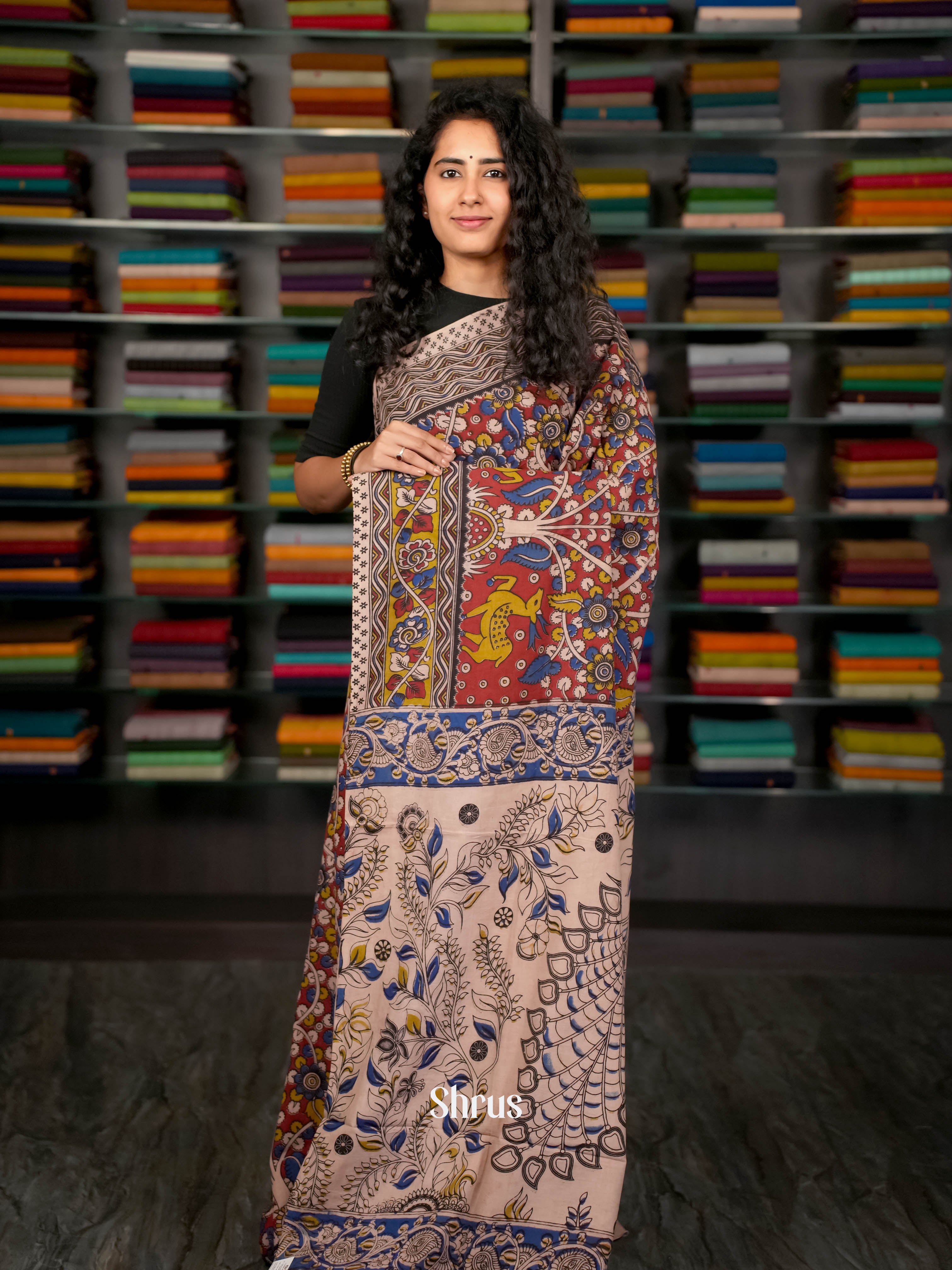 Red & Cream - kalamkari-cotton Saree - Shop on ShrusEternity.com