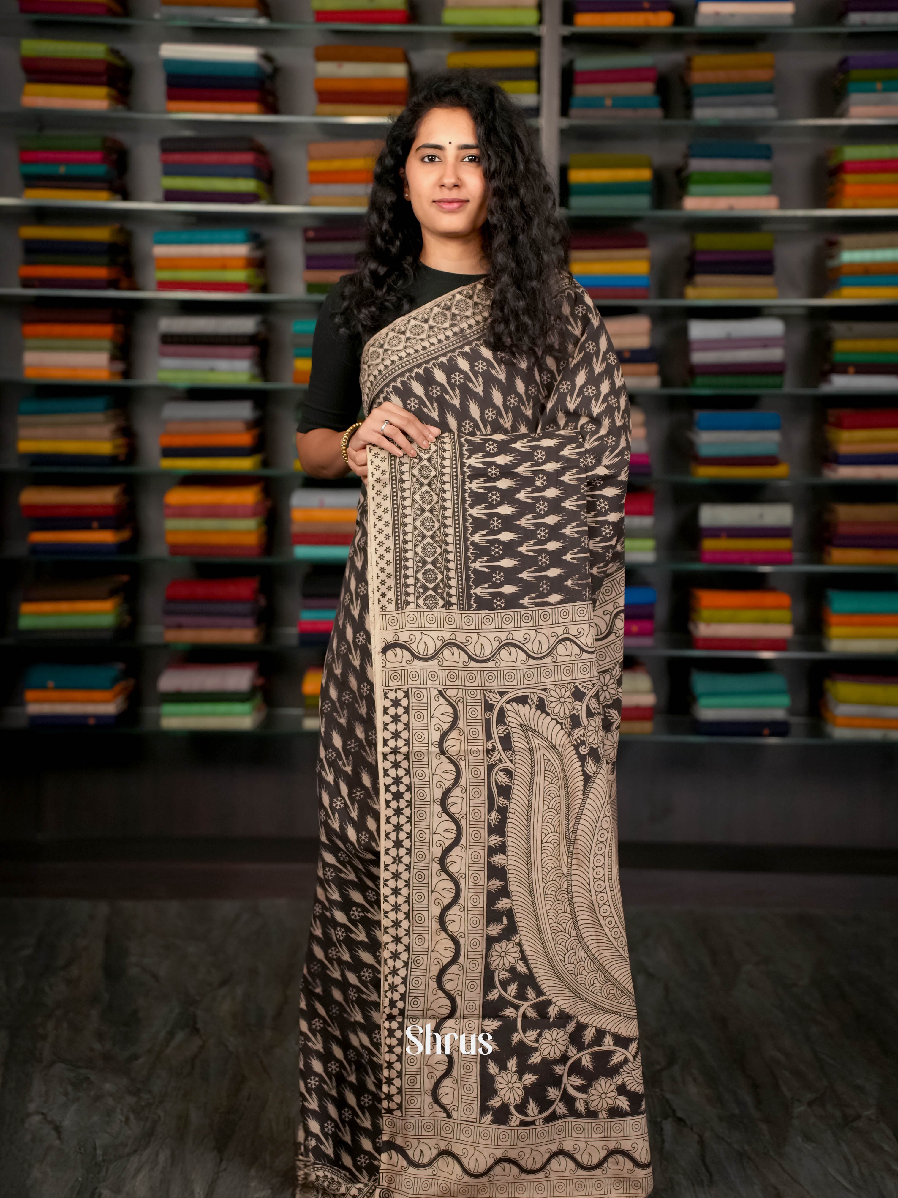 Black & Cream - kalamkari cotton Saree - Shop on ShrusEternity.com