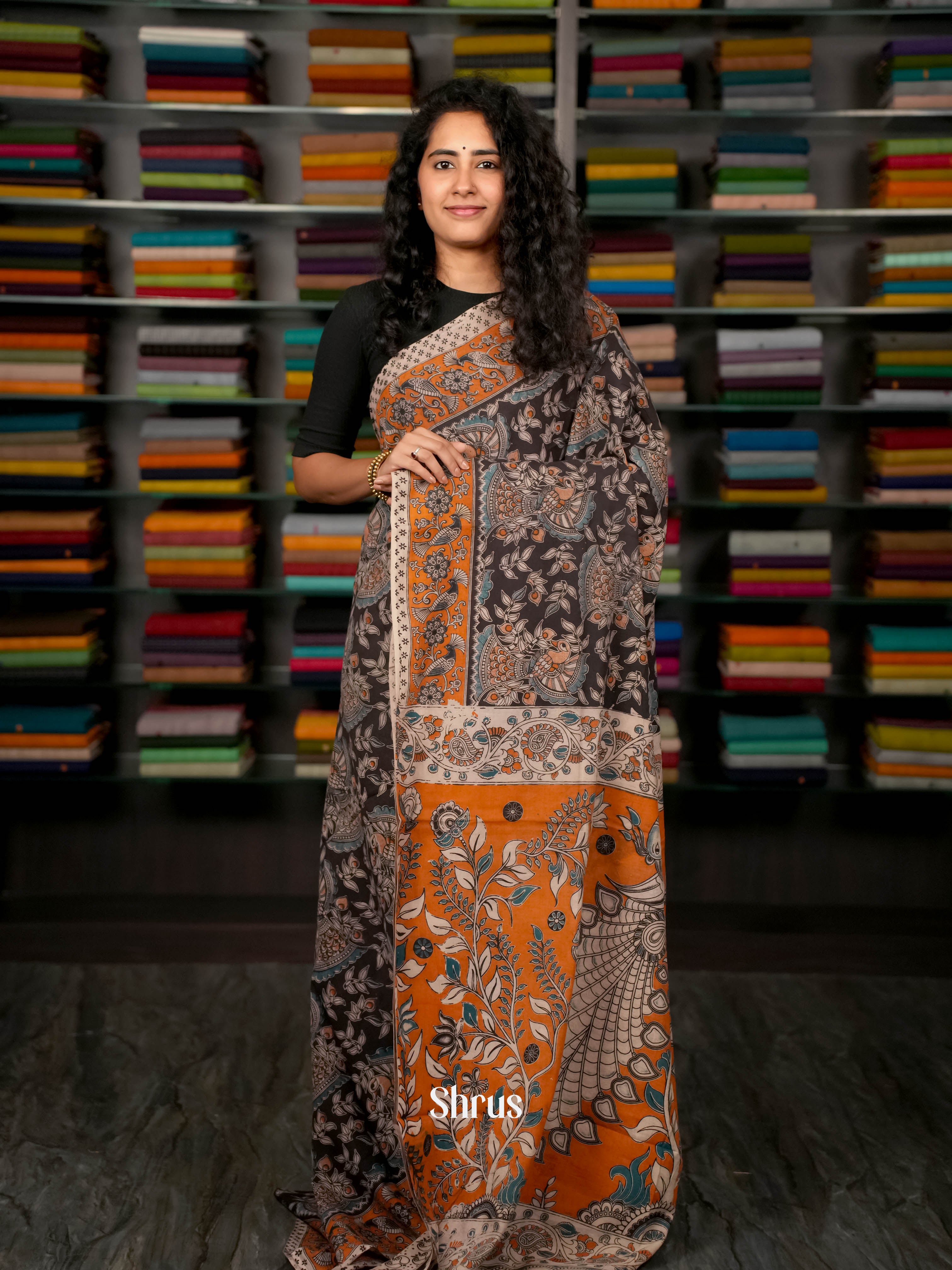 Black & Orange - kalamkari-cotton Saree - Shop on ShrusEternity.com