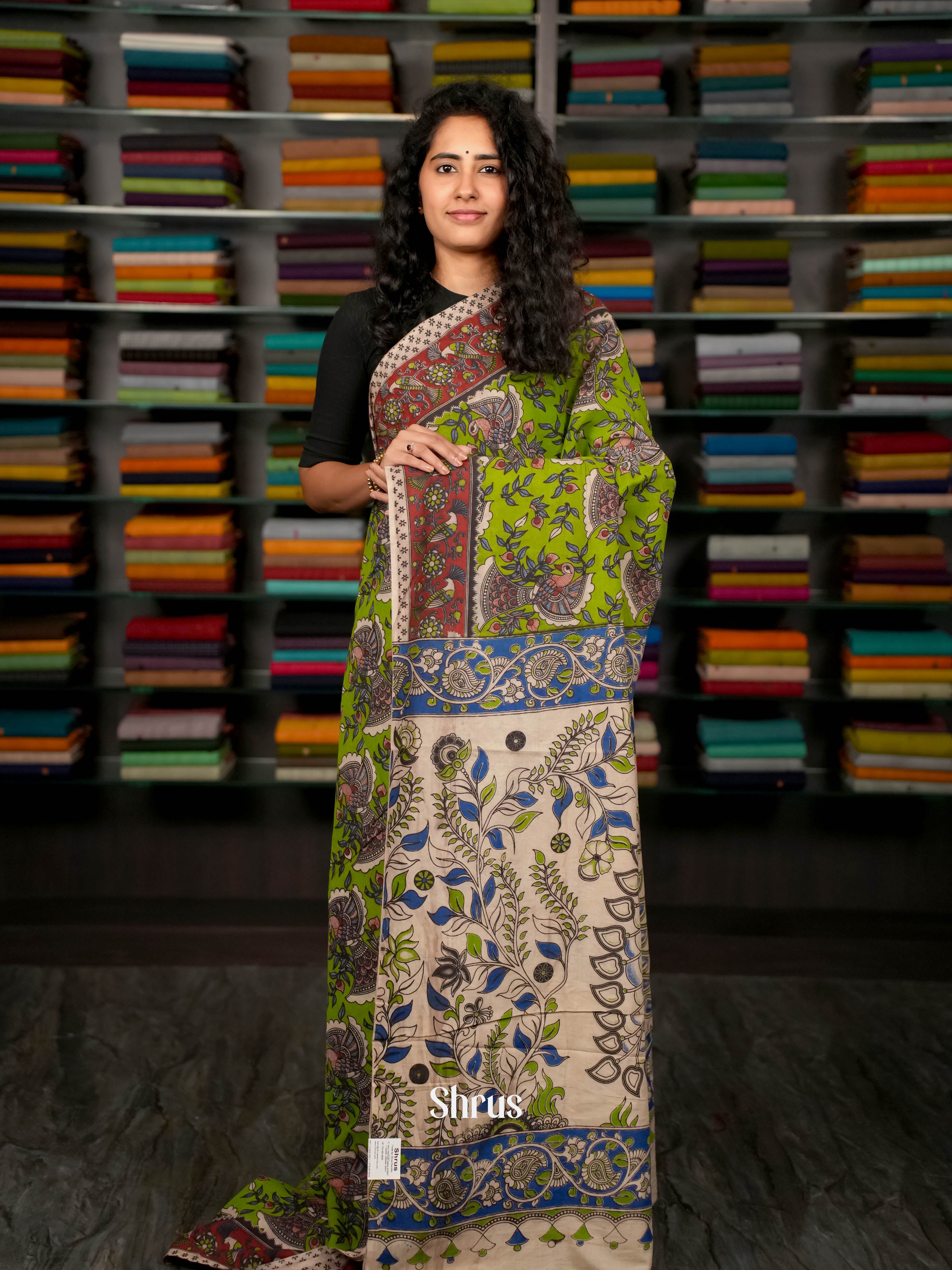 Green & Cream - kalamkari-cotton Saree - Shop on ShrusEternity.com