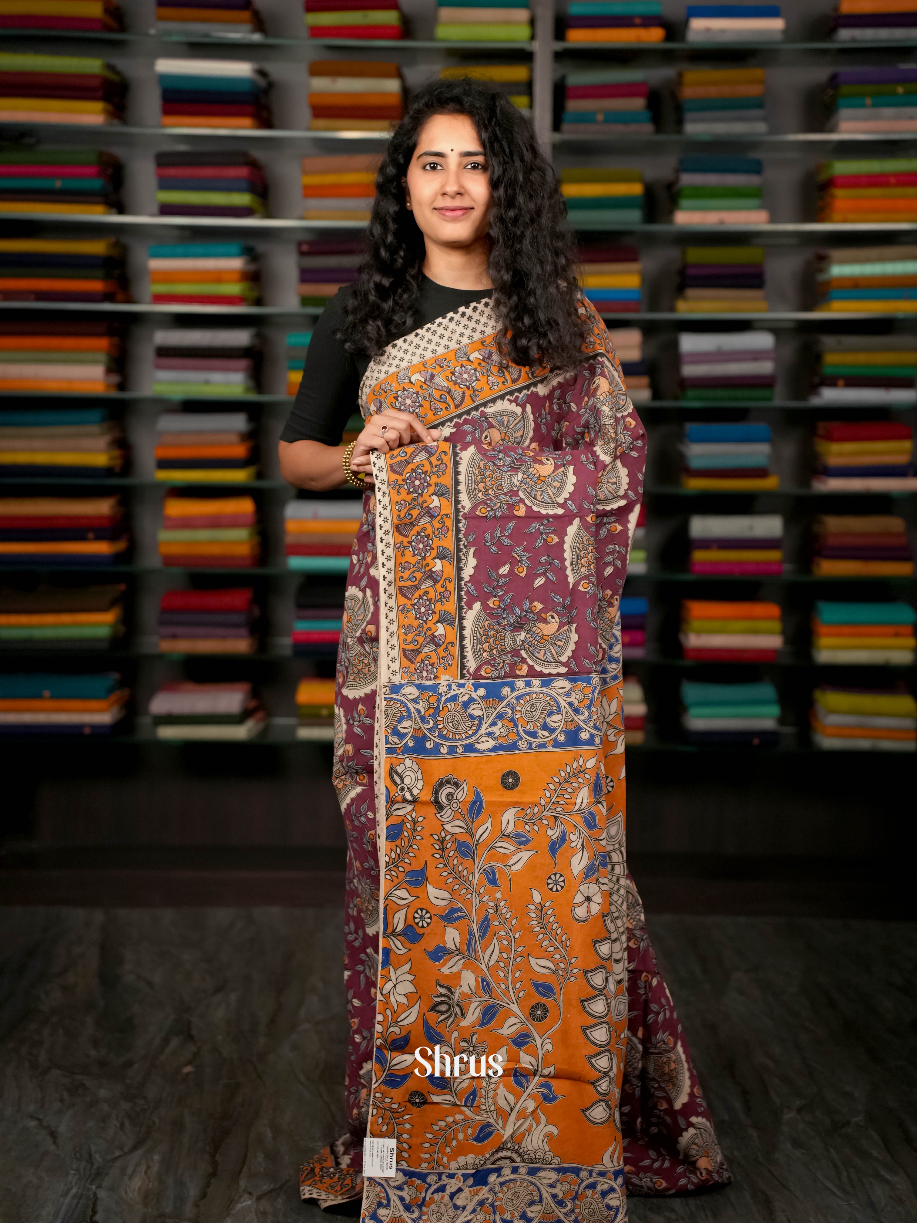 Maroon & Orange - kalamkari-cotton Saree - Shop on ShrusEternity.com
