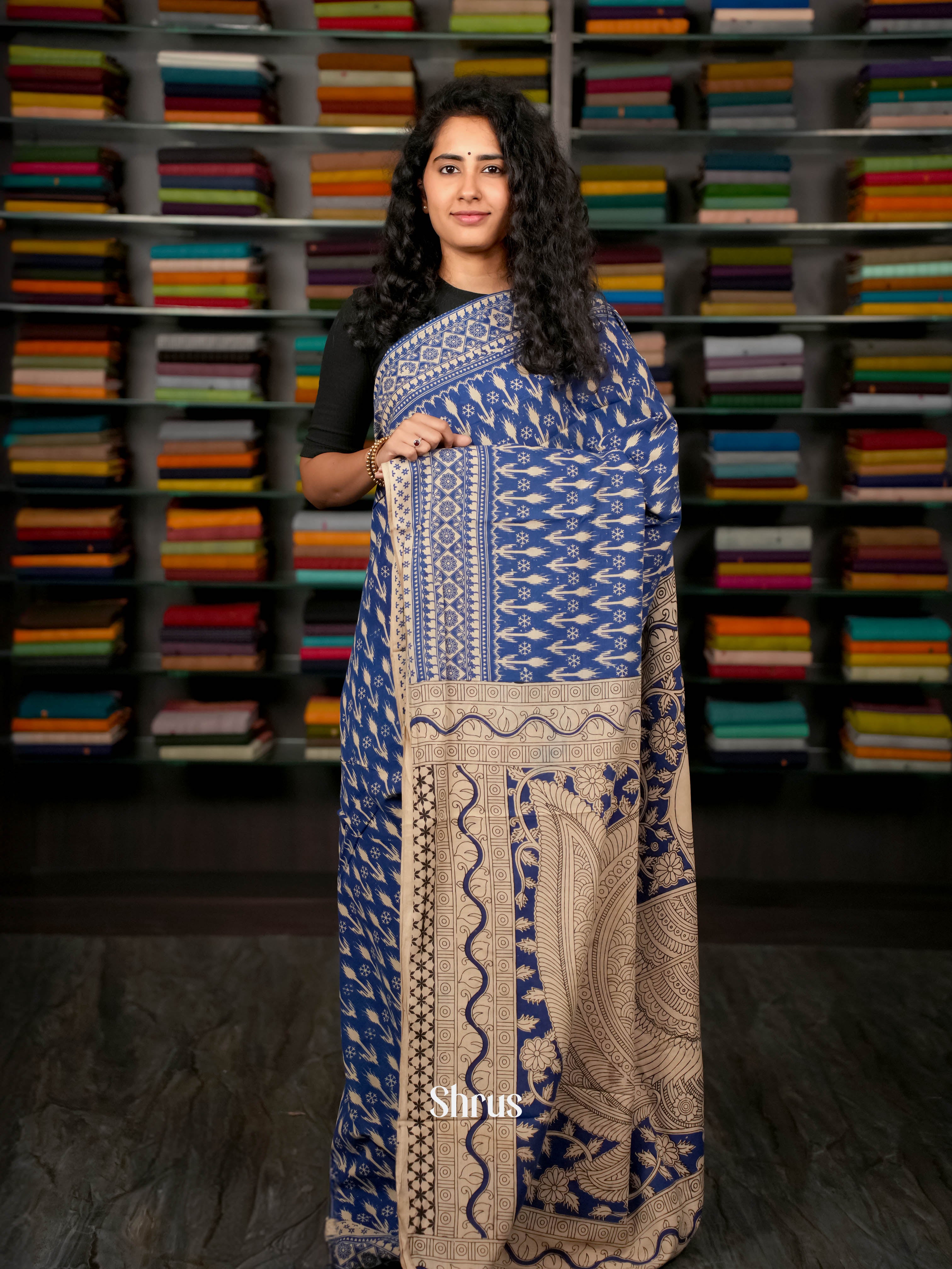 Blue & Cream - kalamkari-cotton Saree - Shop on ShrusEternity.com