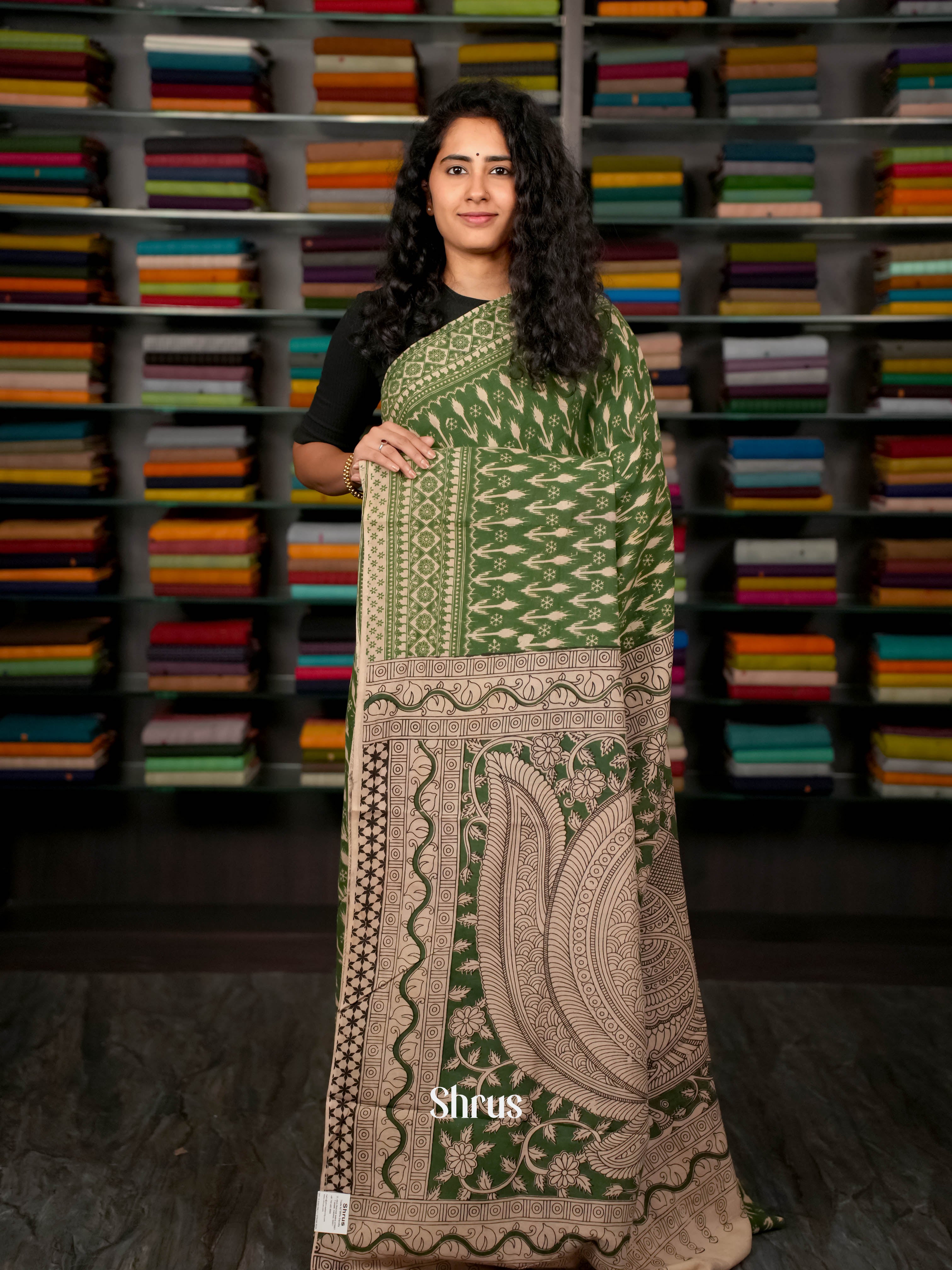 Green & Cream - kalamkari-cotton Saree - Shop on ShrusEternity.com