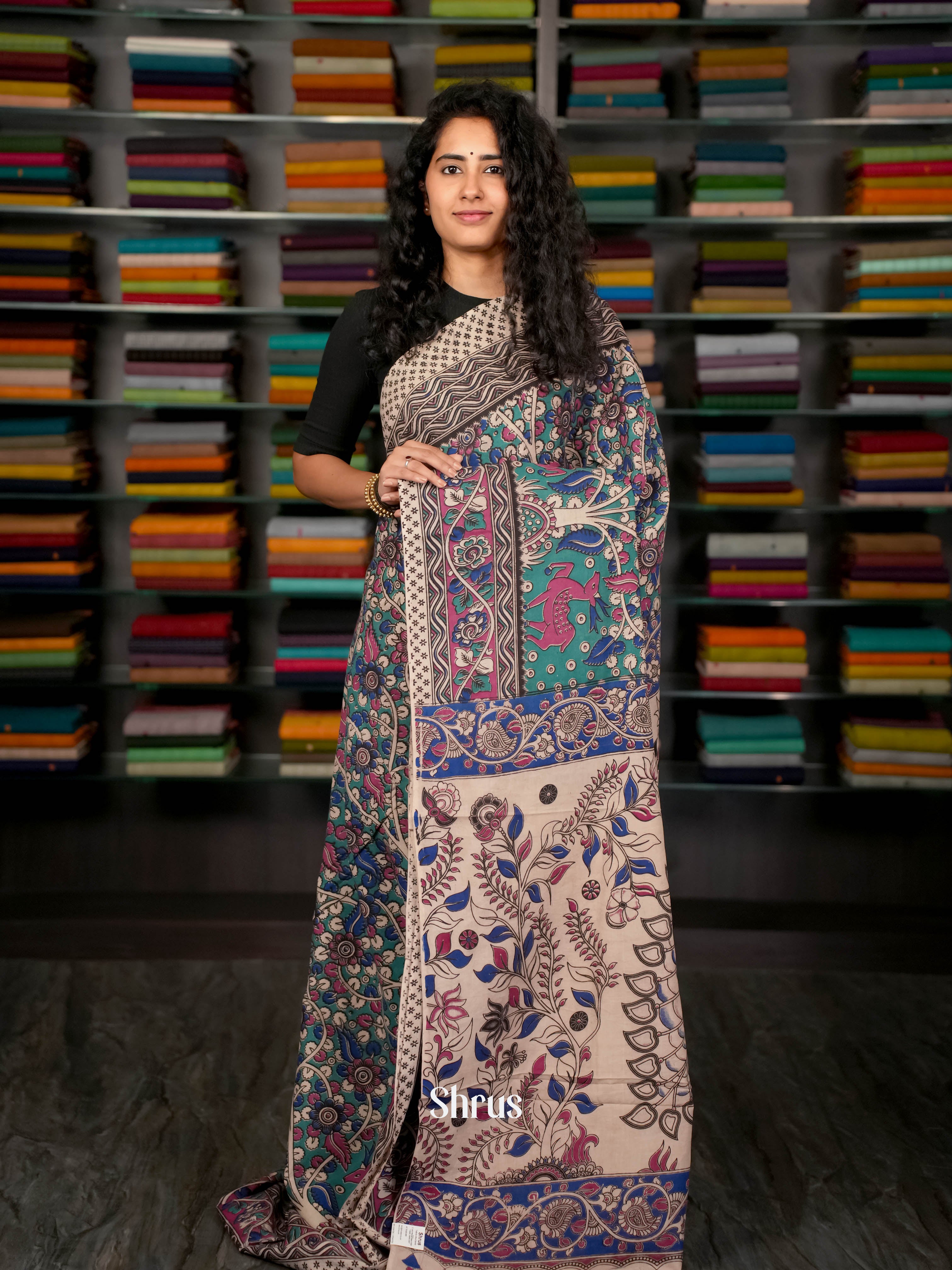 Teal & Pink - kalamkari-cotton Saree - Shop on ShrusEternity.com