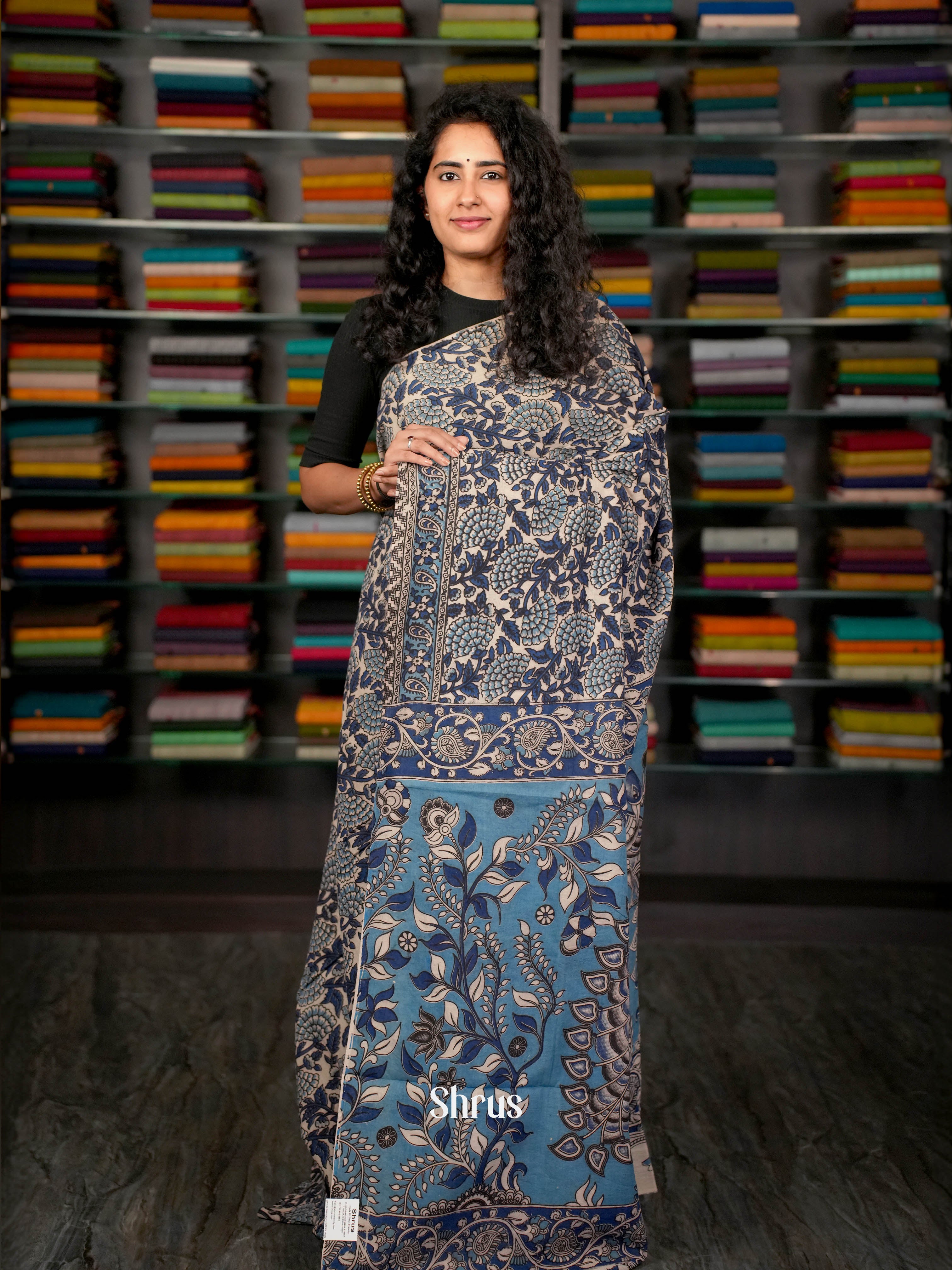 Blue & Cream - kalamkari-cotton Saree - Shop on ShrusEternity.com