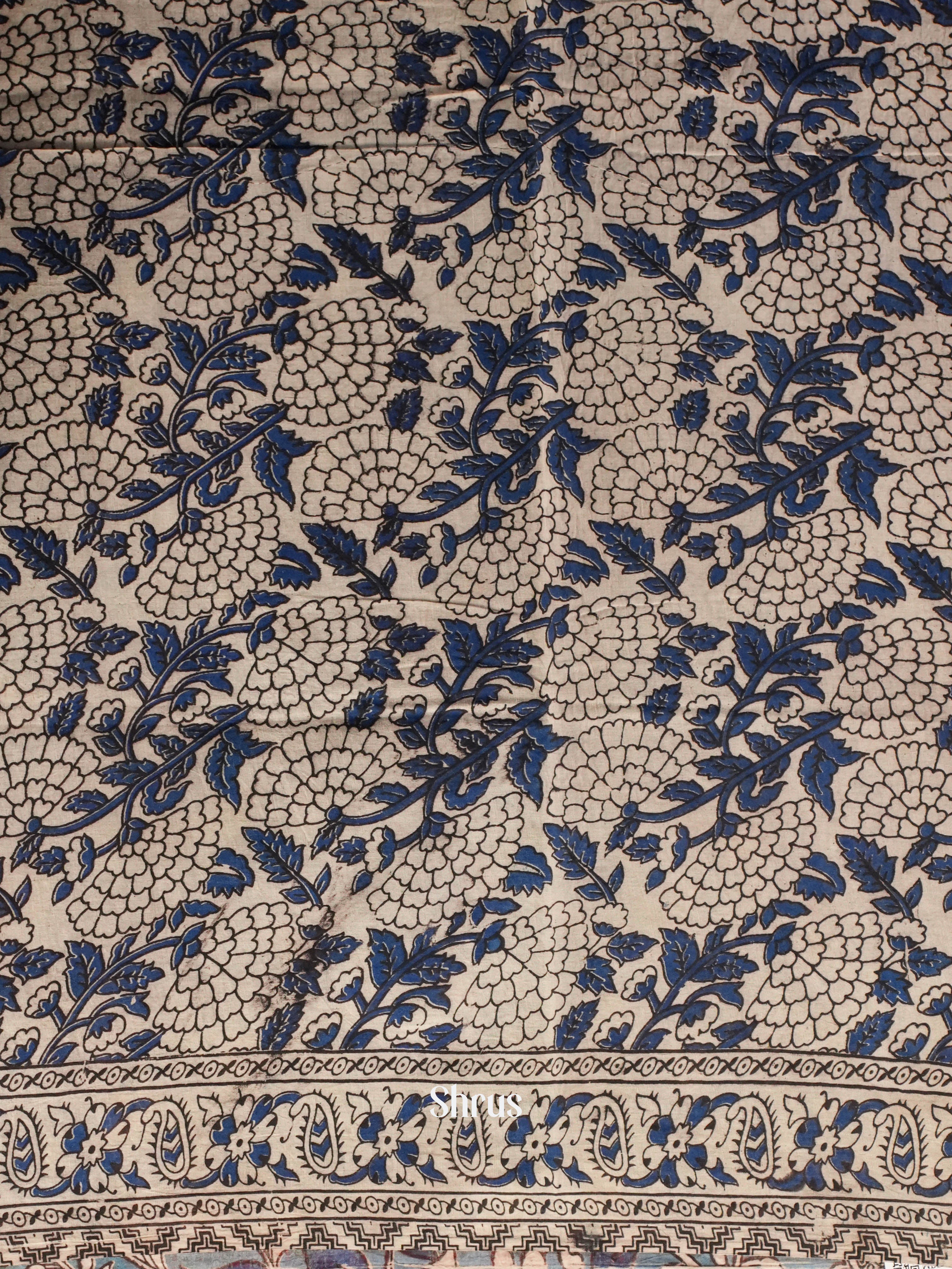 Blue & Cream - kalamkari-cotton Saree - Shop on ShrusEternity.com
