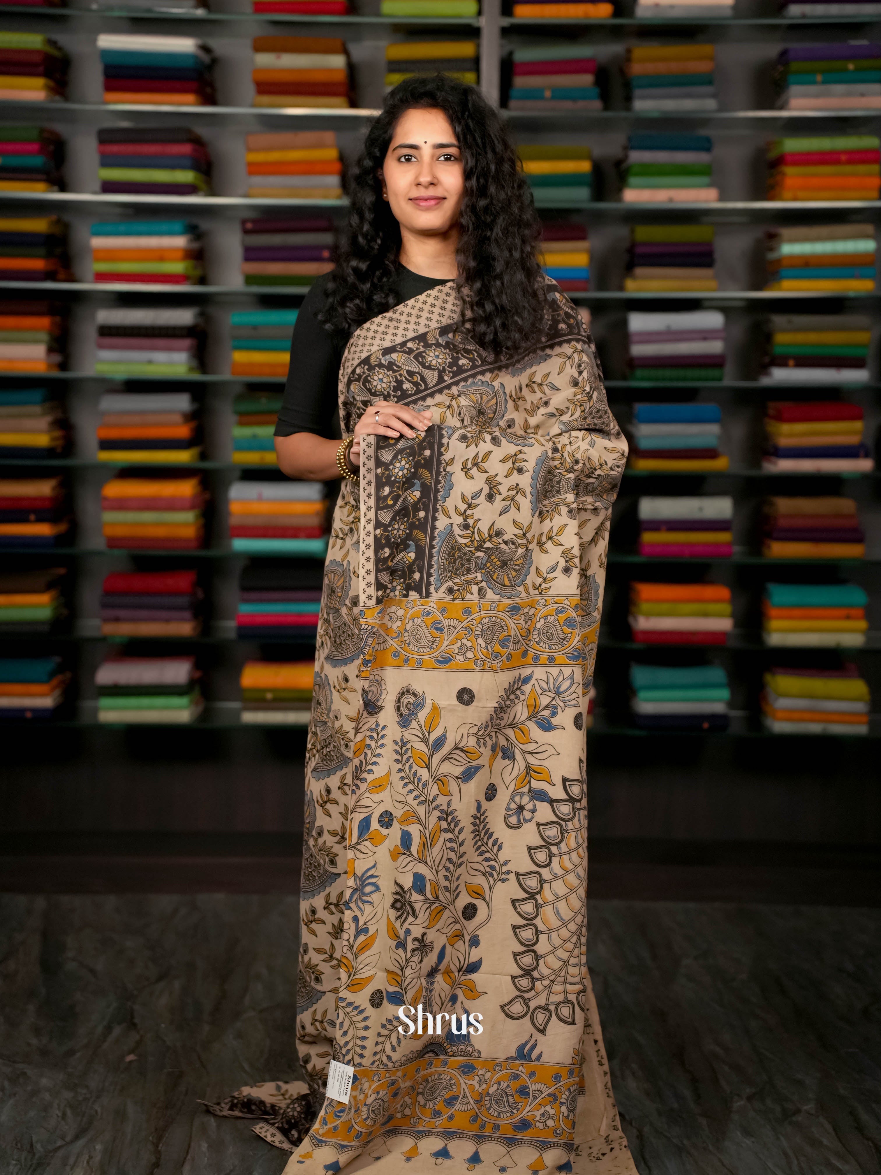Beige & Black - kalamkari-cotton Saree - Shop on ShrusEternity.com