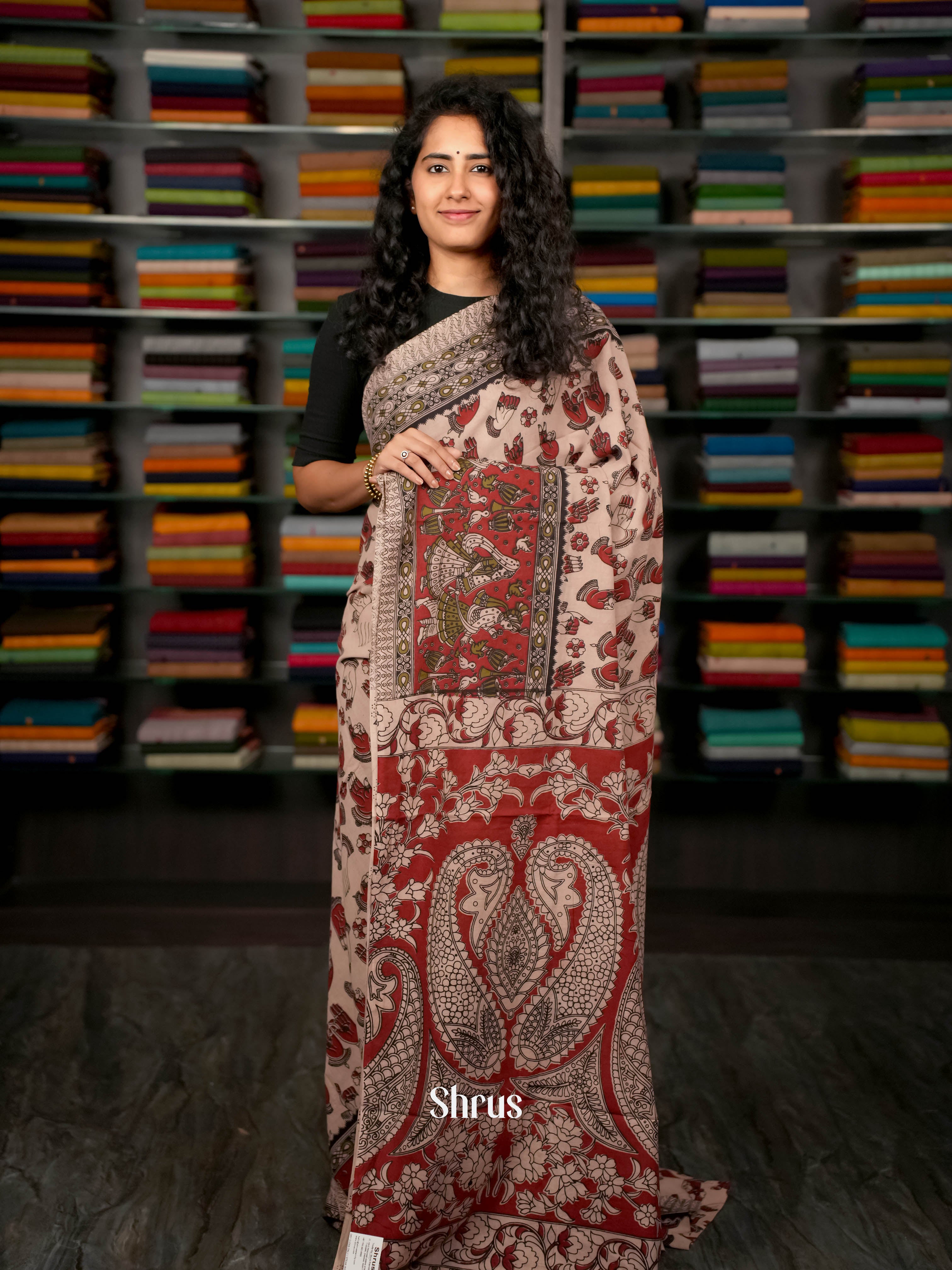 Cream & Red - kalamkari-cotton Saree - Shop on ShrusEternity.com