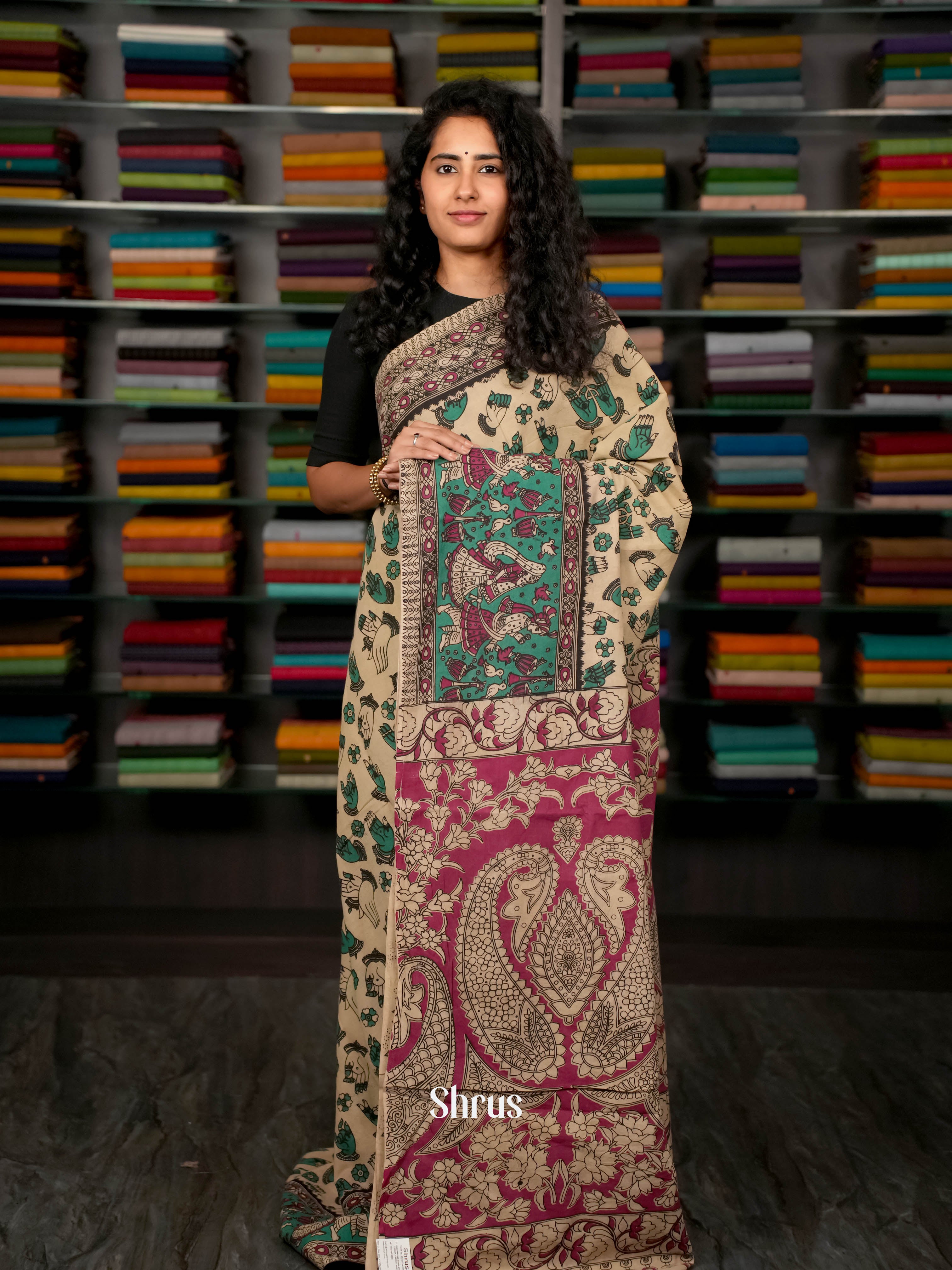 Cream & Pink - kalamkari-cotton Saree - Shop on ShrusEternity.com