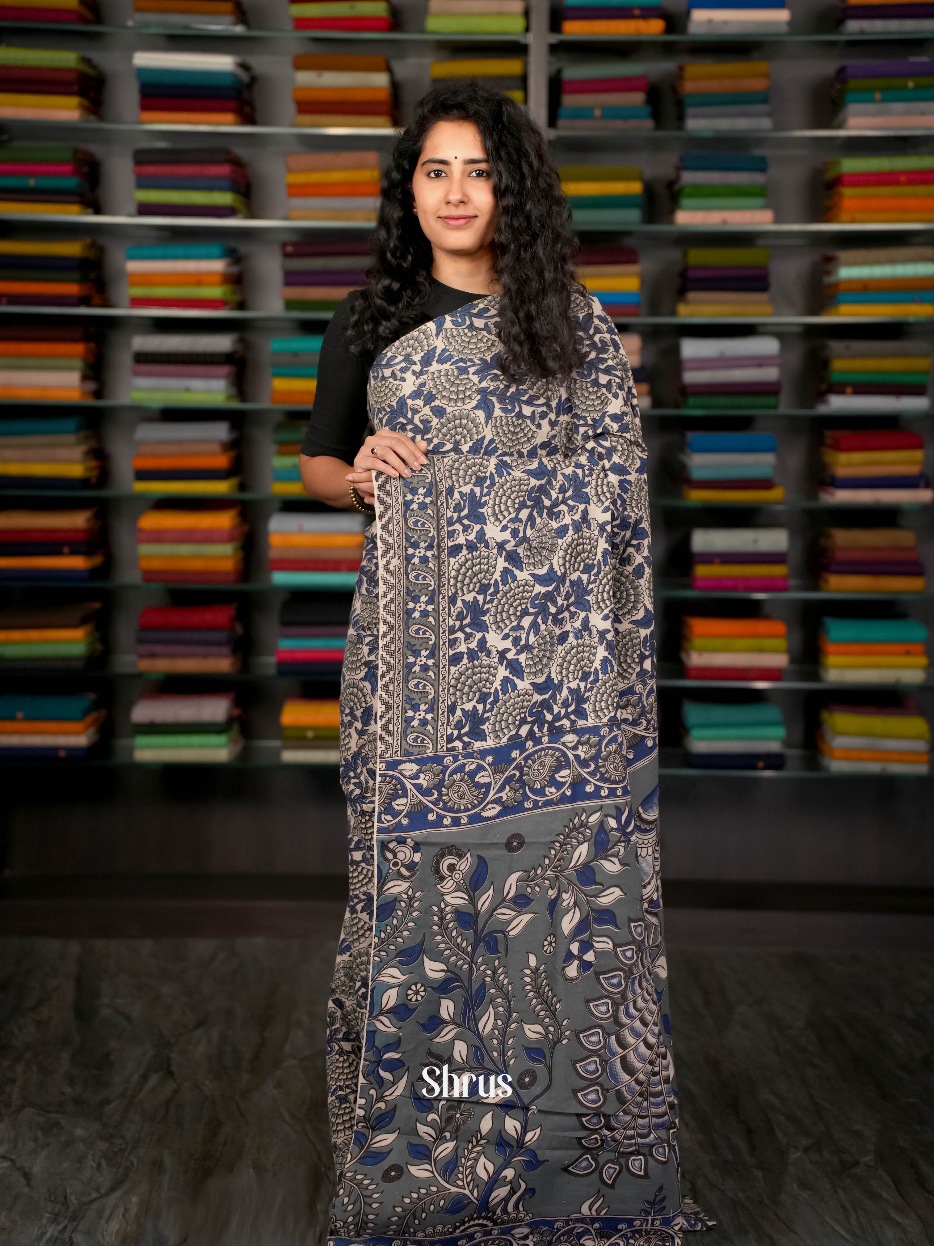 Blue & Grey - kalamkari-cotton Saree - Shop on ShrusEternity.com