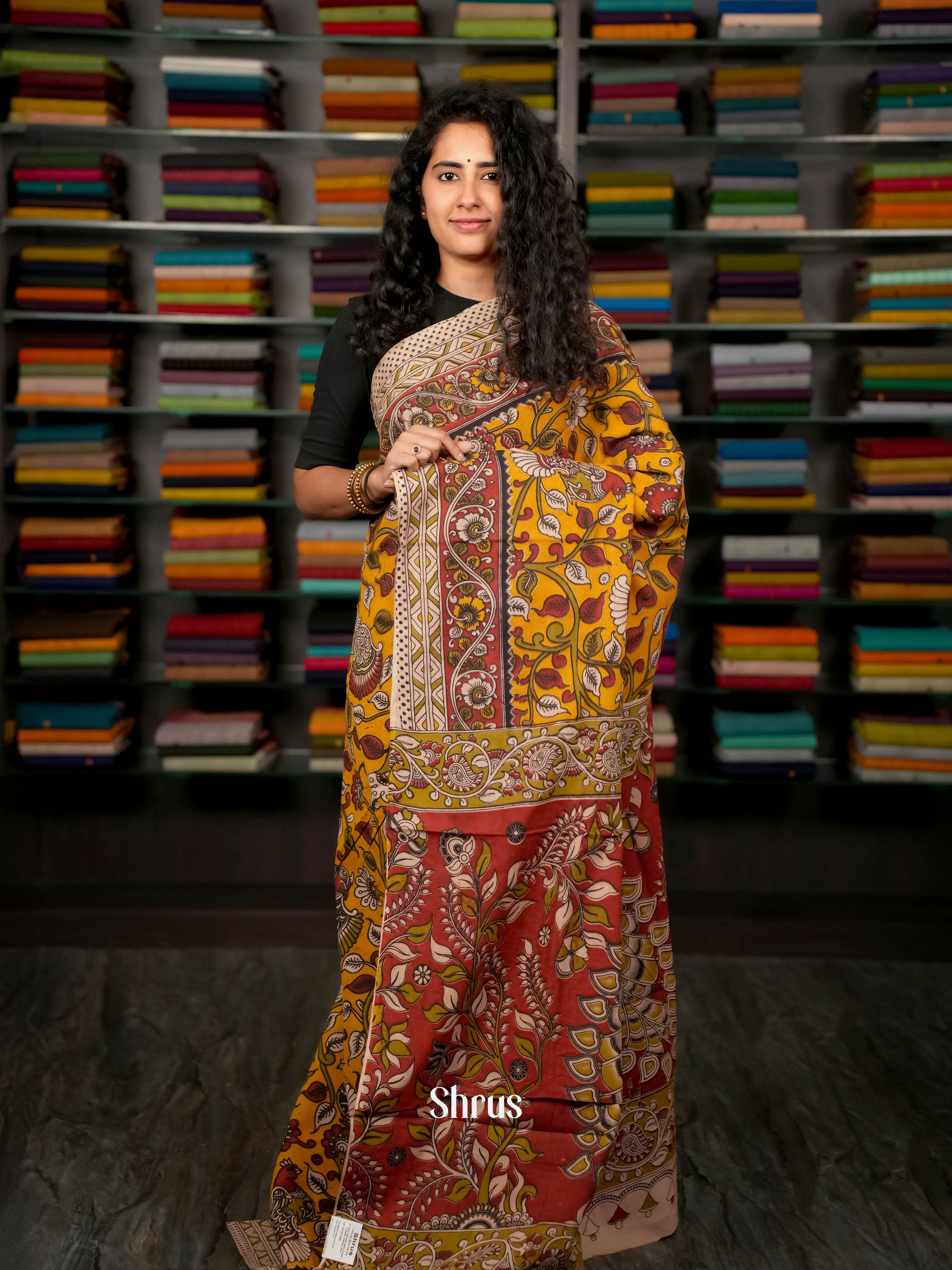 Mustard & Red - kalamkari-cotton Saree - Shop on ShrusEternity.com