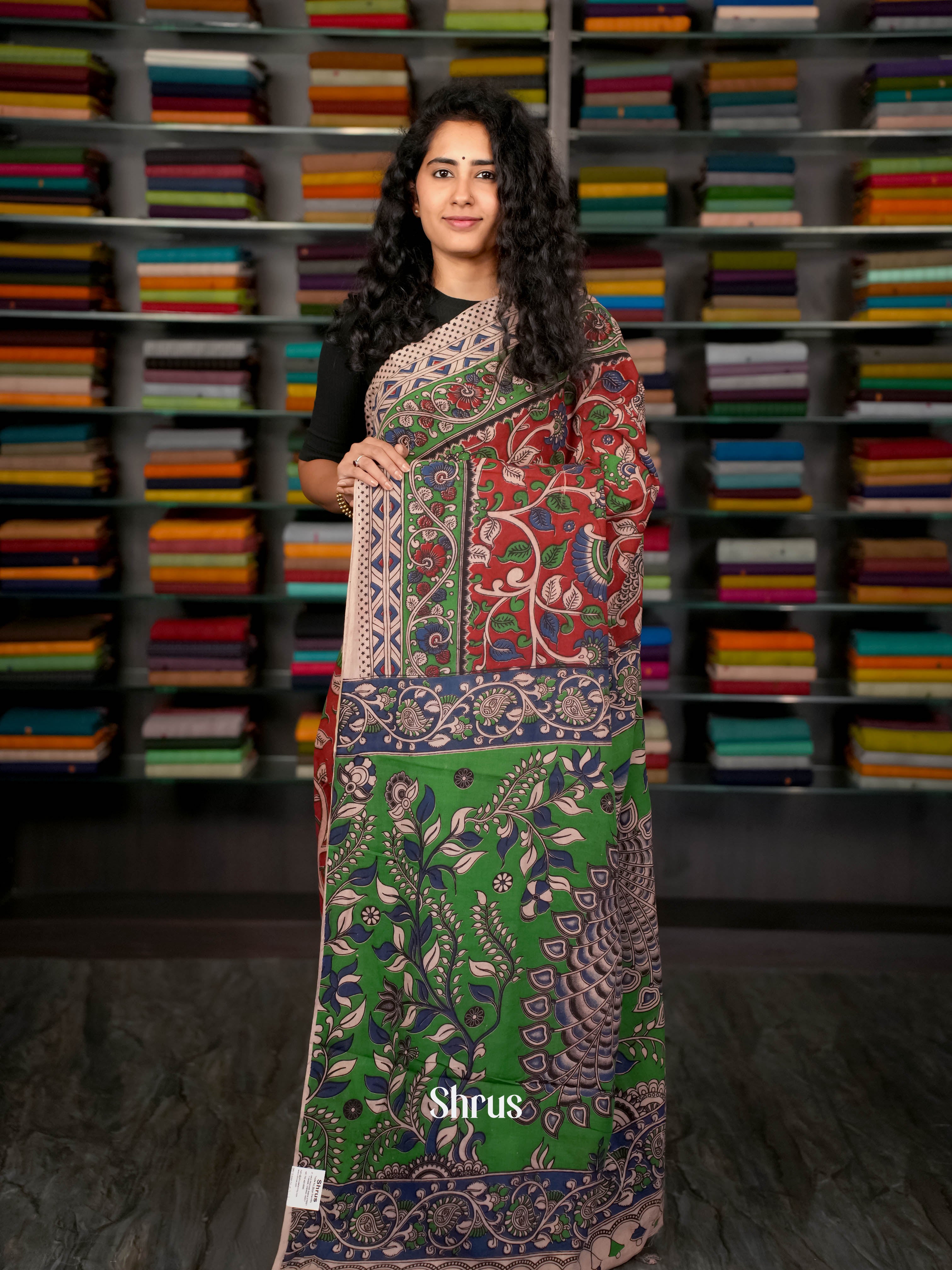 Red & Green - kalamkari-cotton Saree - Shop on ShrusEternity.com