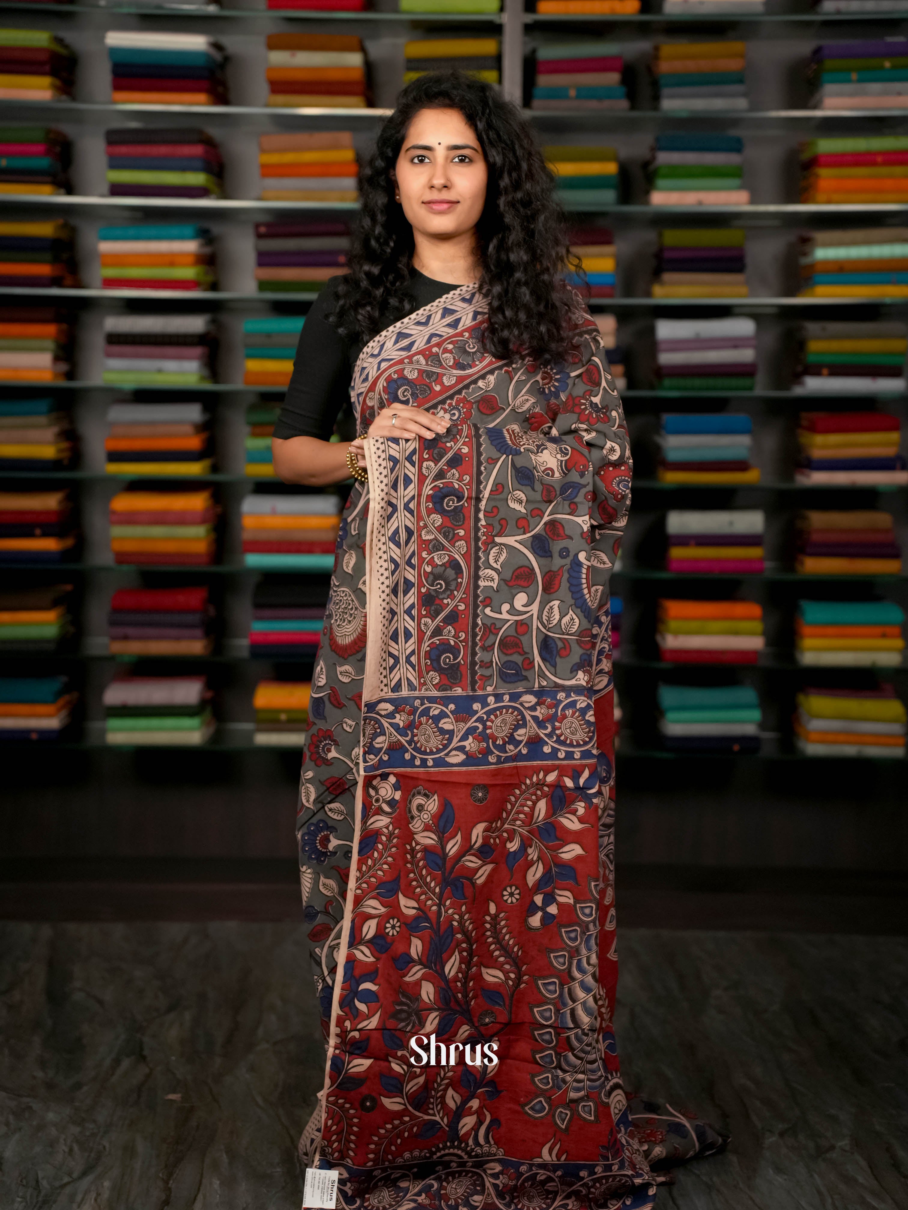 Grey & Red - kalamkari-cotton Saree - Shop on ShrusEternity.com