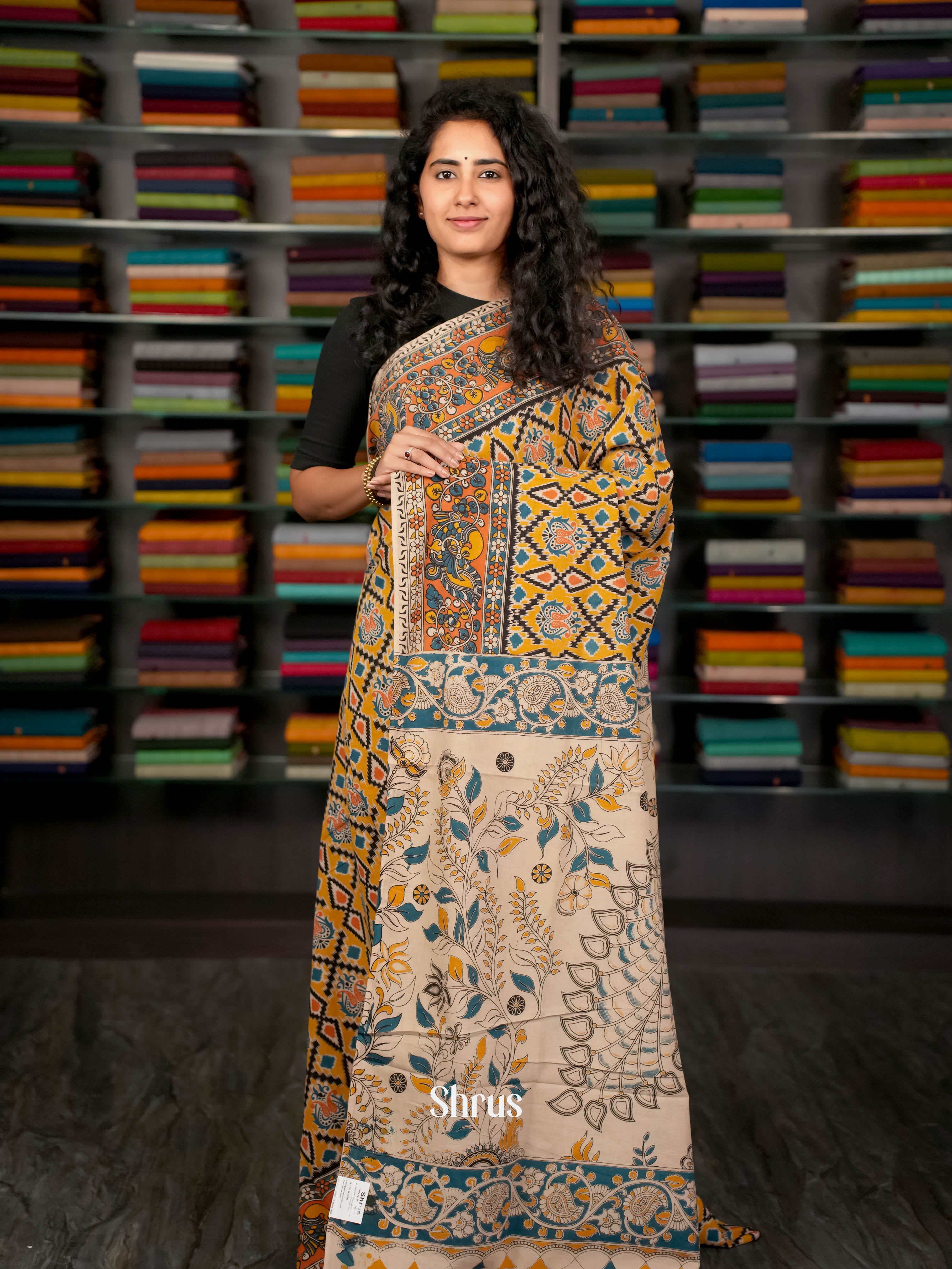 Mustard & Cream - kalamkari-cotton Saree - Shop on ShrusEternity.com