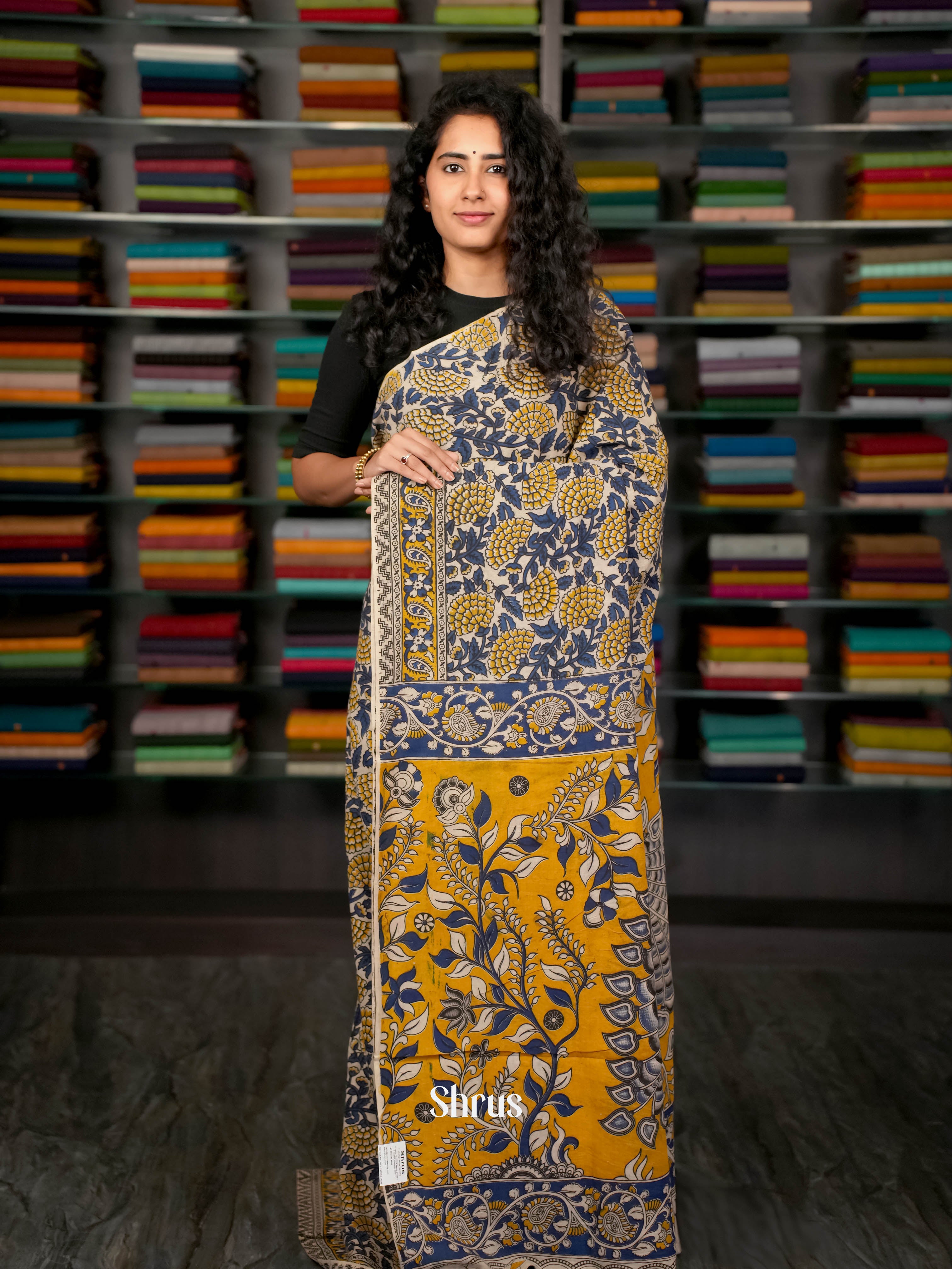 Grey& Blue - kalamkari-cotton Saree - Shop on ShrusEternity.com
