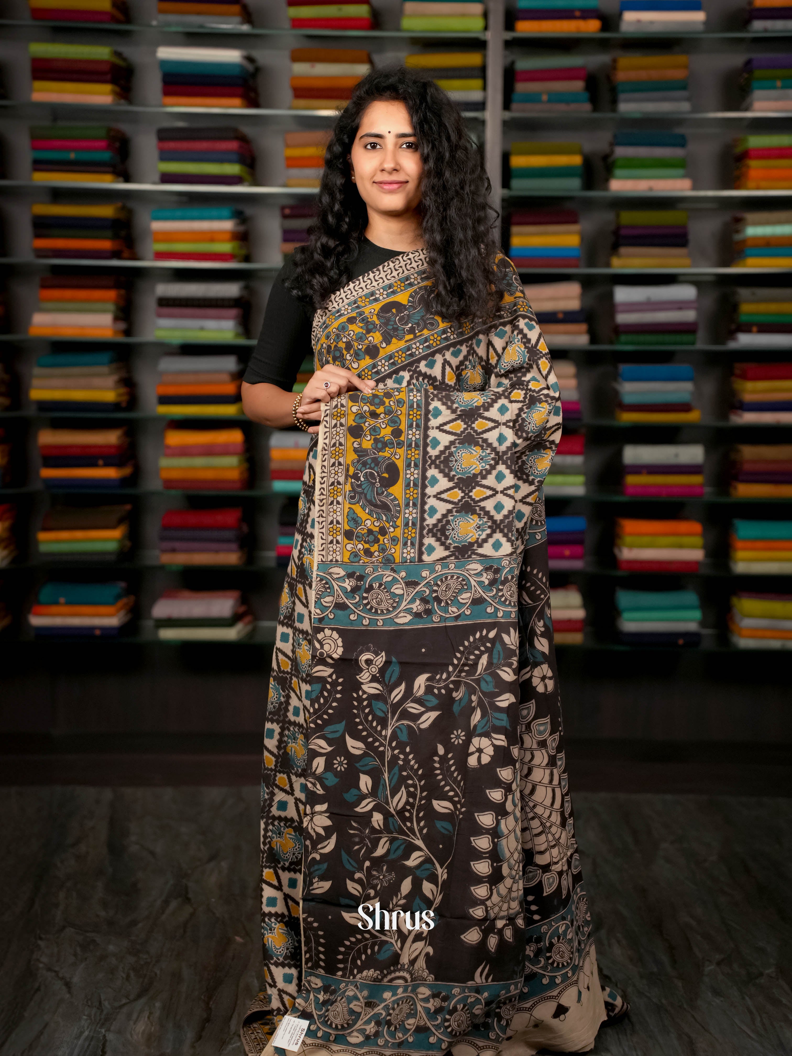 Cream & Black- kalamkari-cotton Saree - Shop on ShrusEternity.com