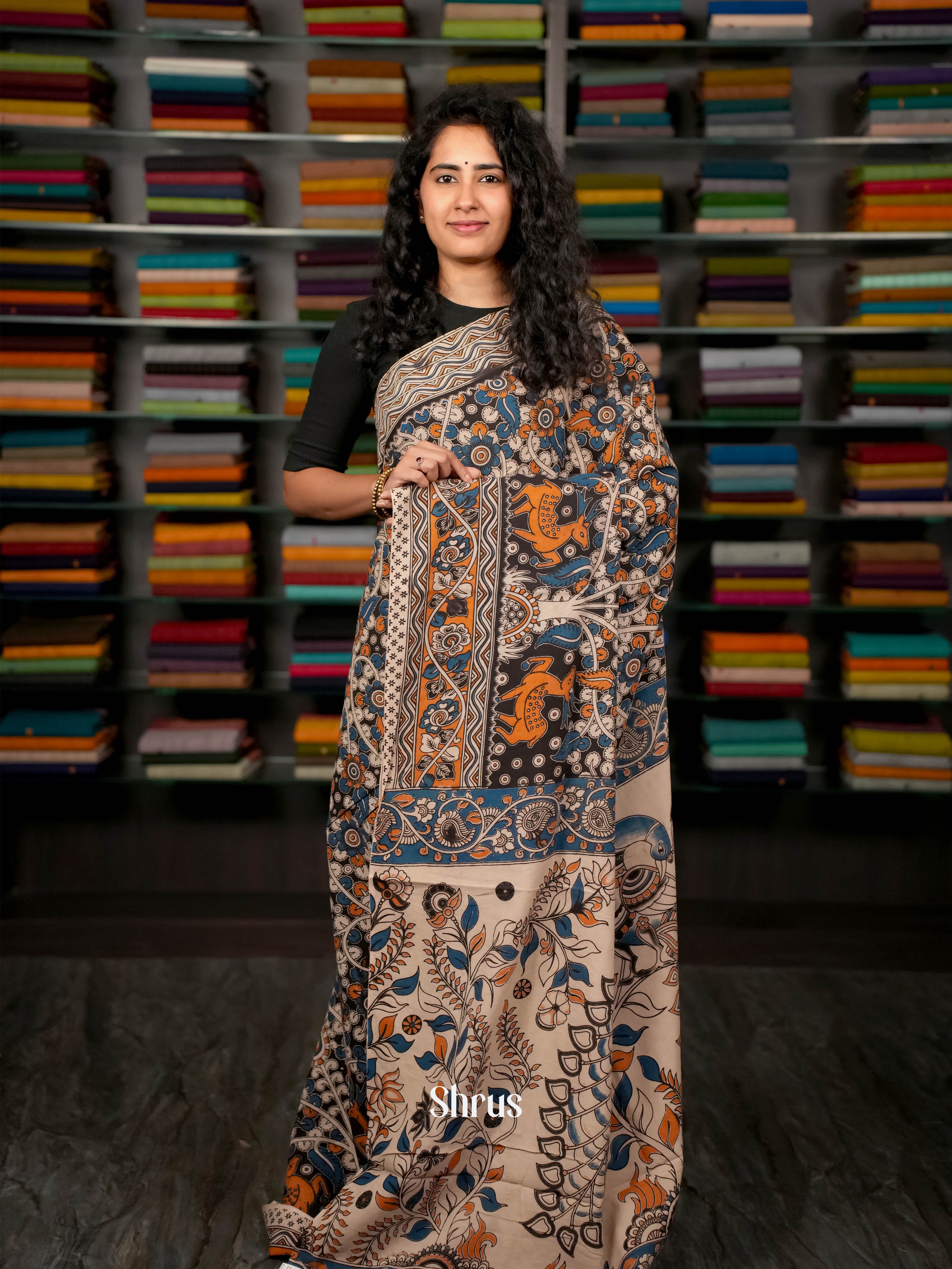 Black & Cream - kalamkari-cotton Saree - Shop on ShrusEternity.com
