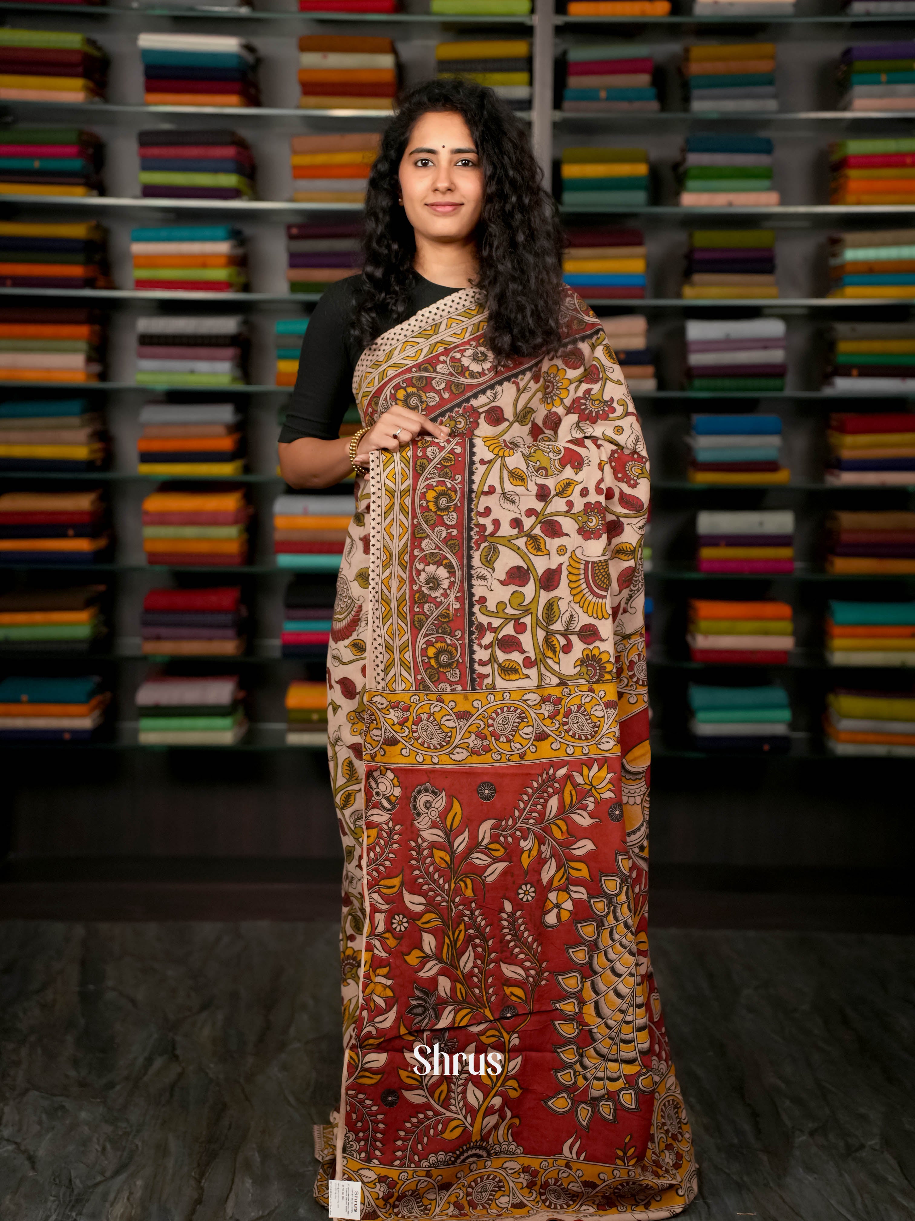 Cream & Red - kalamkari-cotton Saree - Shop on ShrusEternity.com