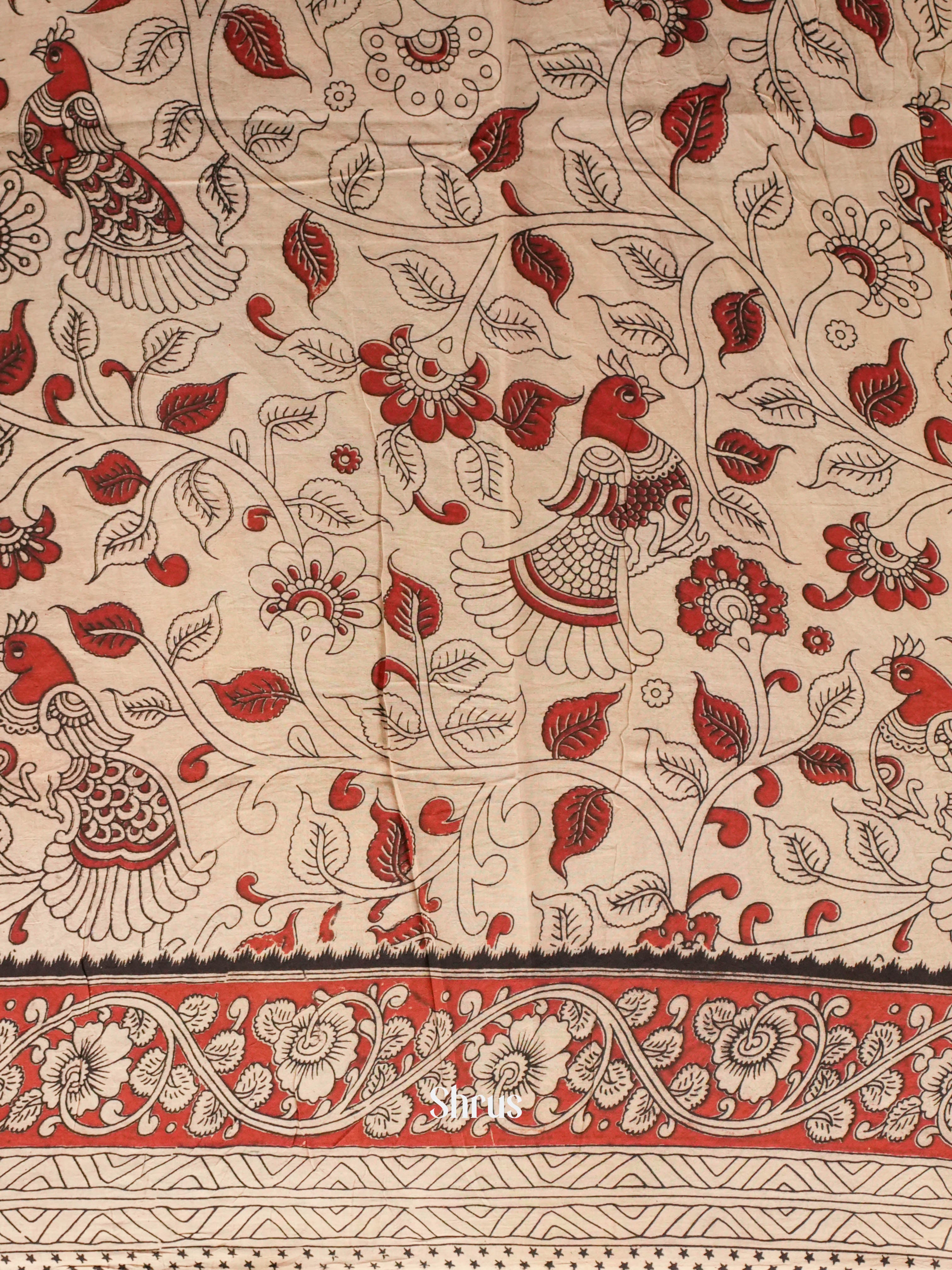 Cream & Red - kalamkari-cotton Saree - Shop on ShrusEternity.com