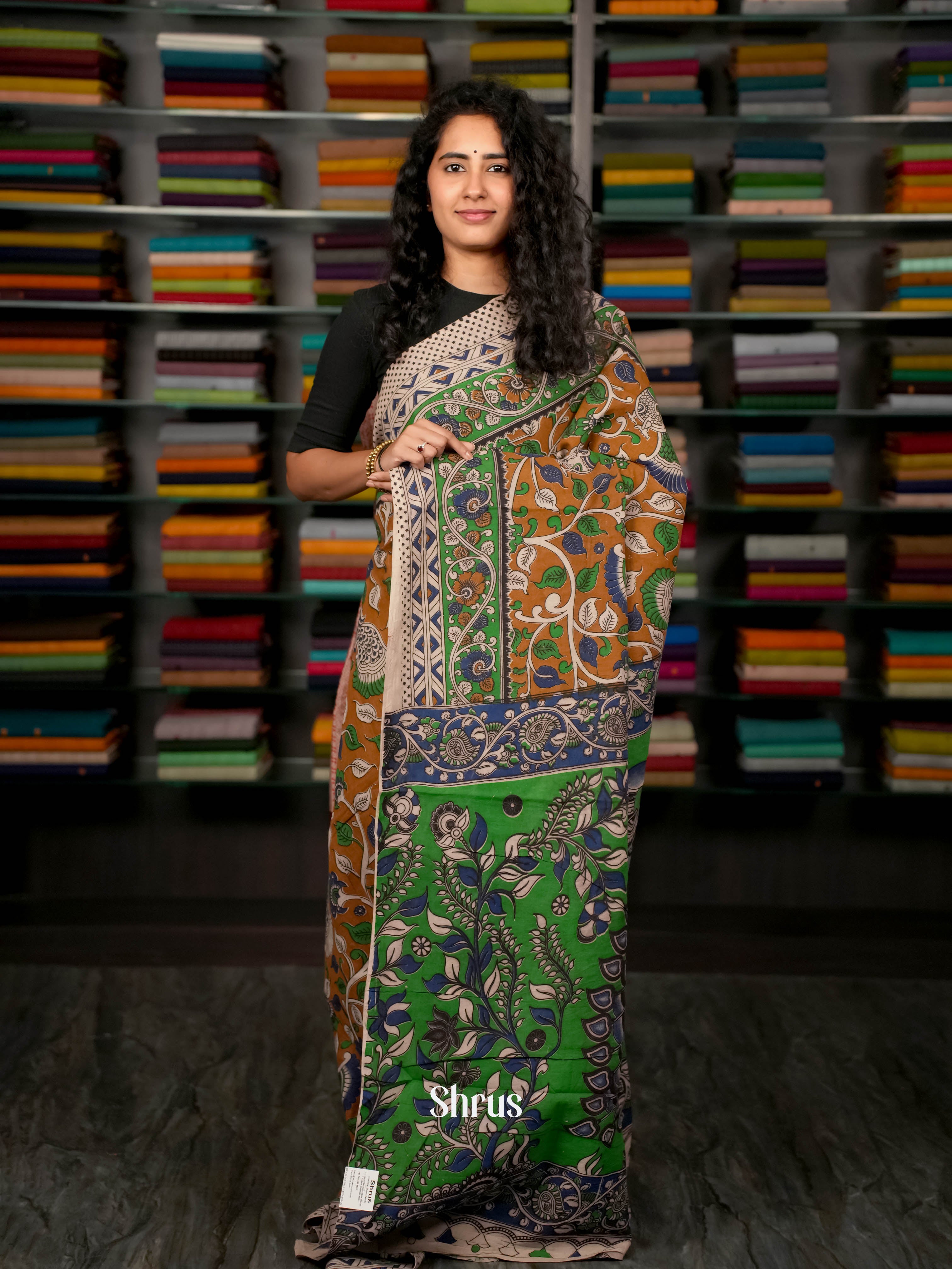 Brown & Green - kalamkari-cotton Saree - Shop on ShrusEternity.com