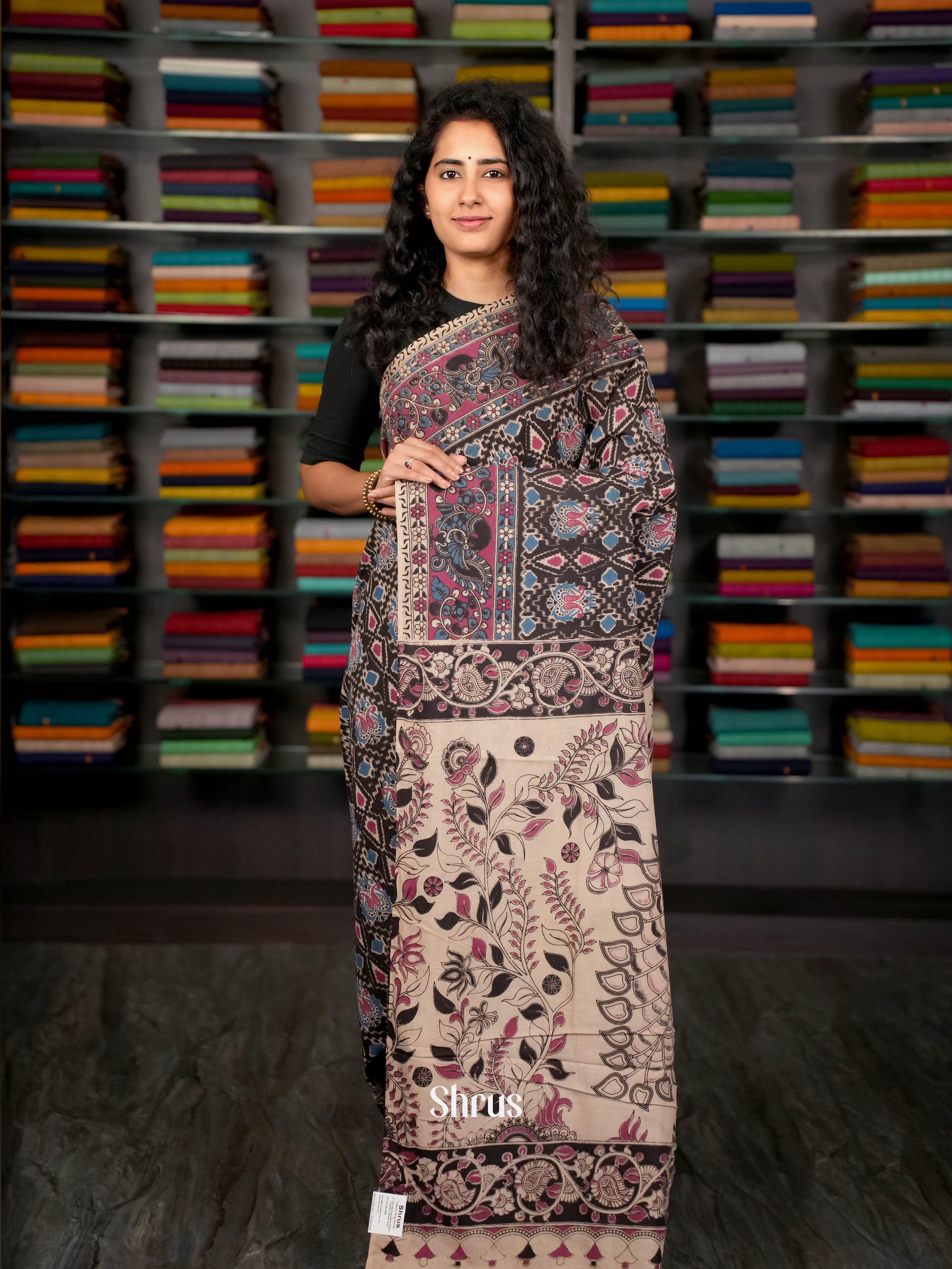 Black & Pink - kalamkari-cotton Saree - Shop on ShrusEternity.com