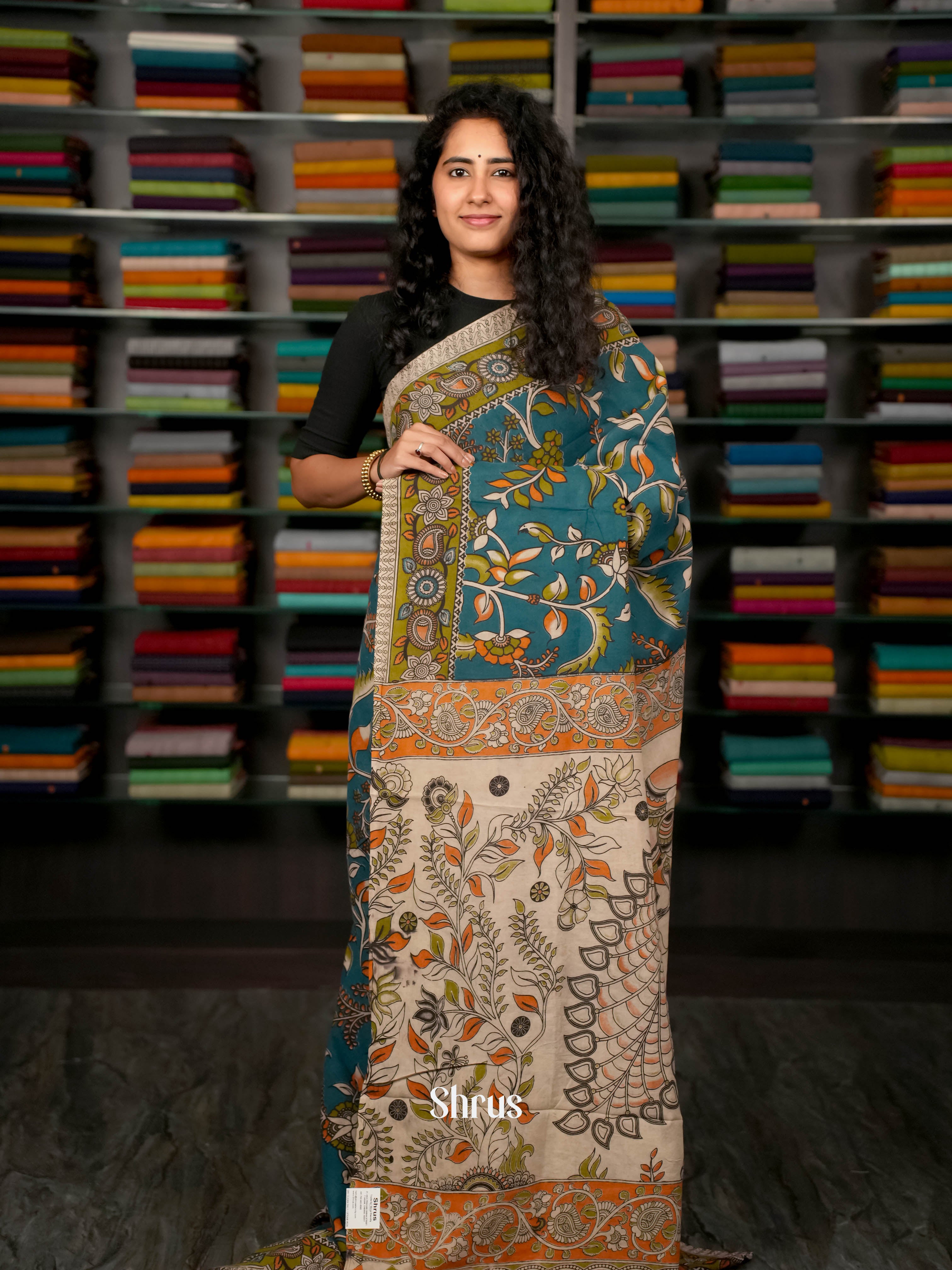 Teal & Cream - kalamkari-cotton Saree - Shop on ShrusEternity.com