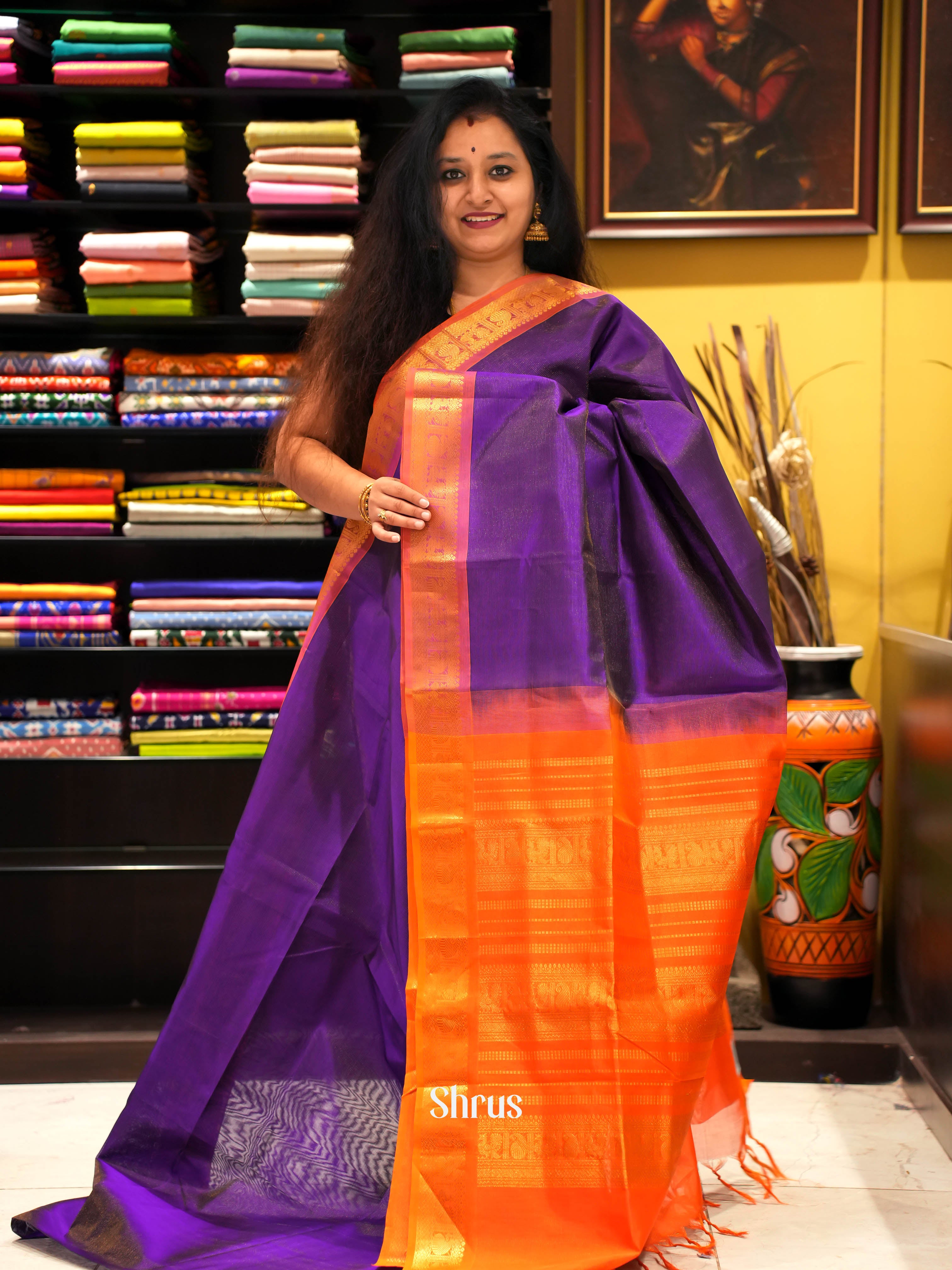 Violet & Orange- Silk Cotton Saree - Shop on ShrusEternity.com