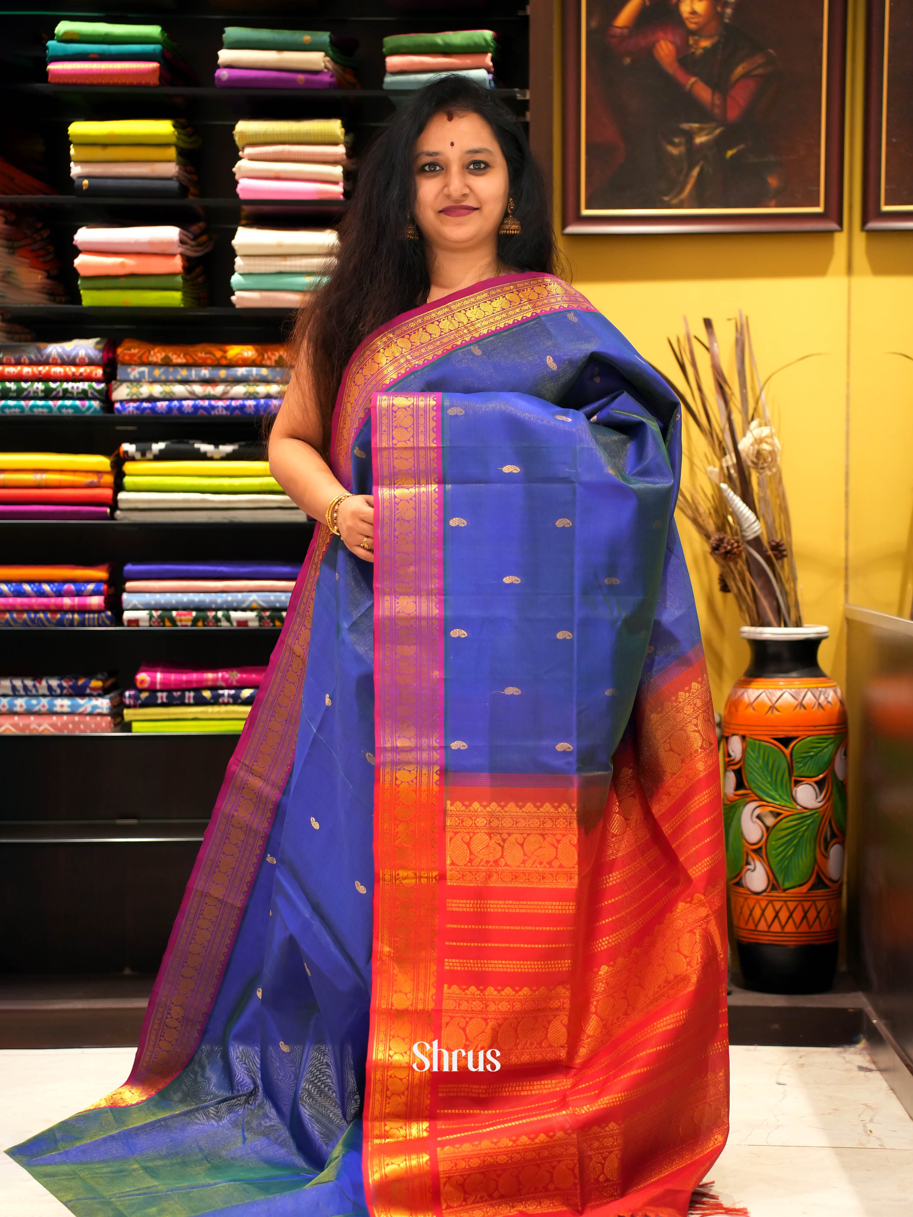 Blue & Red - Silk Cotton Saree - Shop on ShrusEternity.com