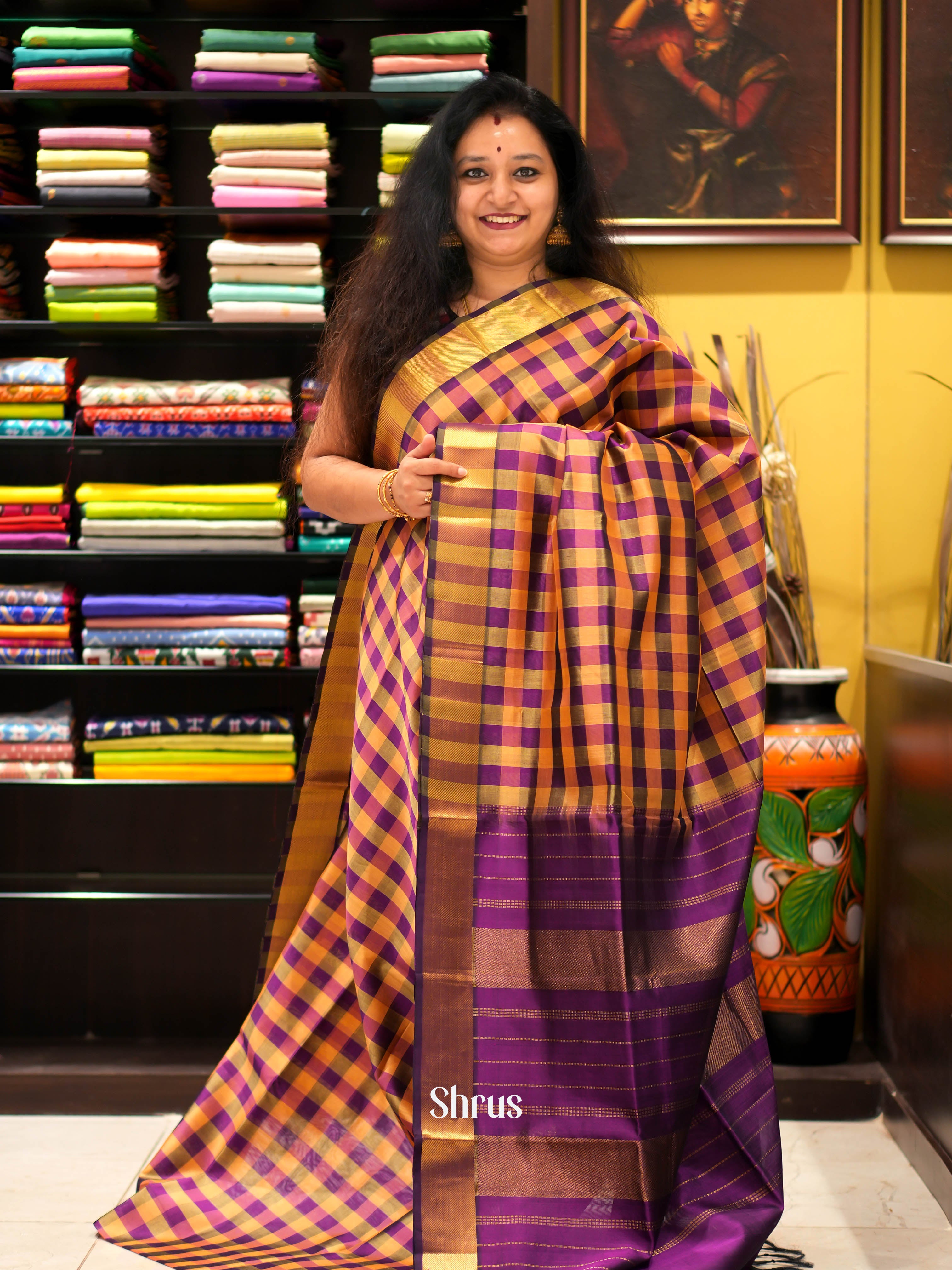 Brown & Purple - Silk Cotton Saree - Shop on ShrusEternity.com