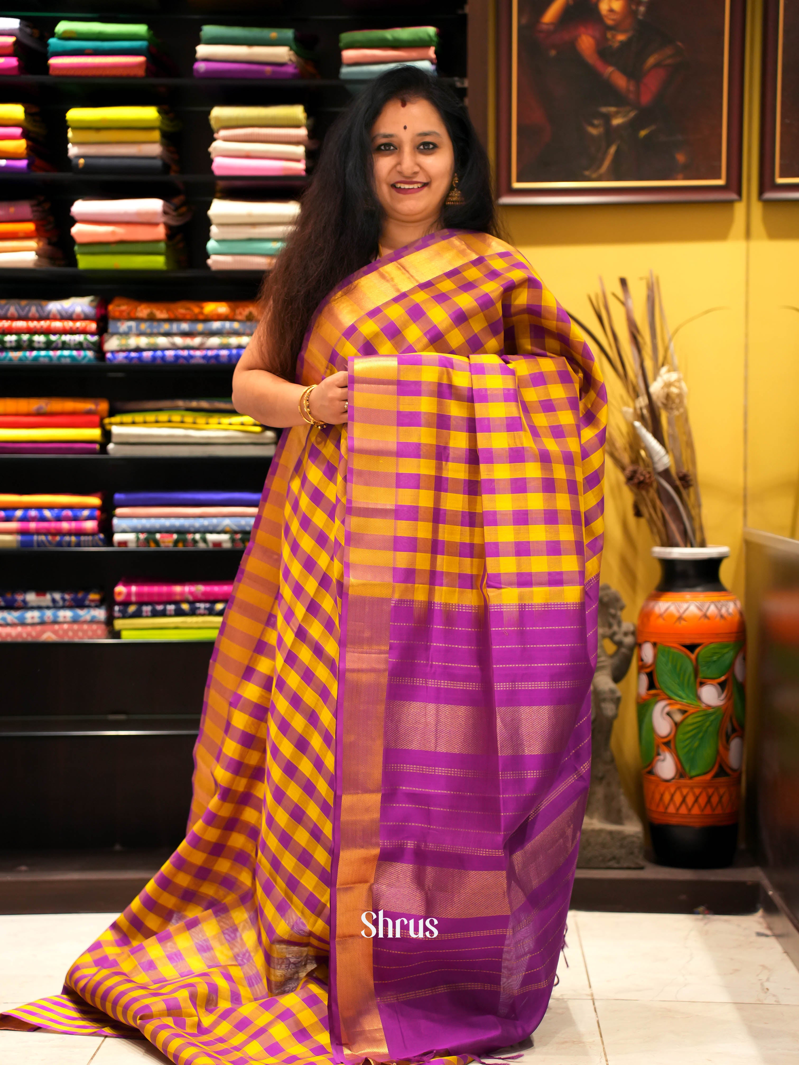 Yellow & Purple - Silk Cotton Saree - Shop on ShrusEternity.com