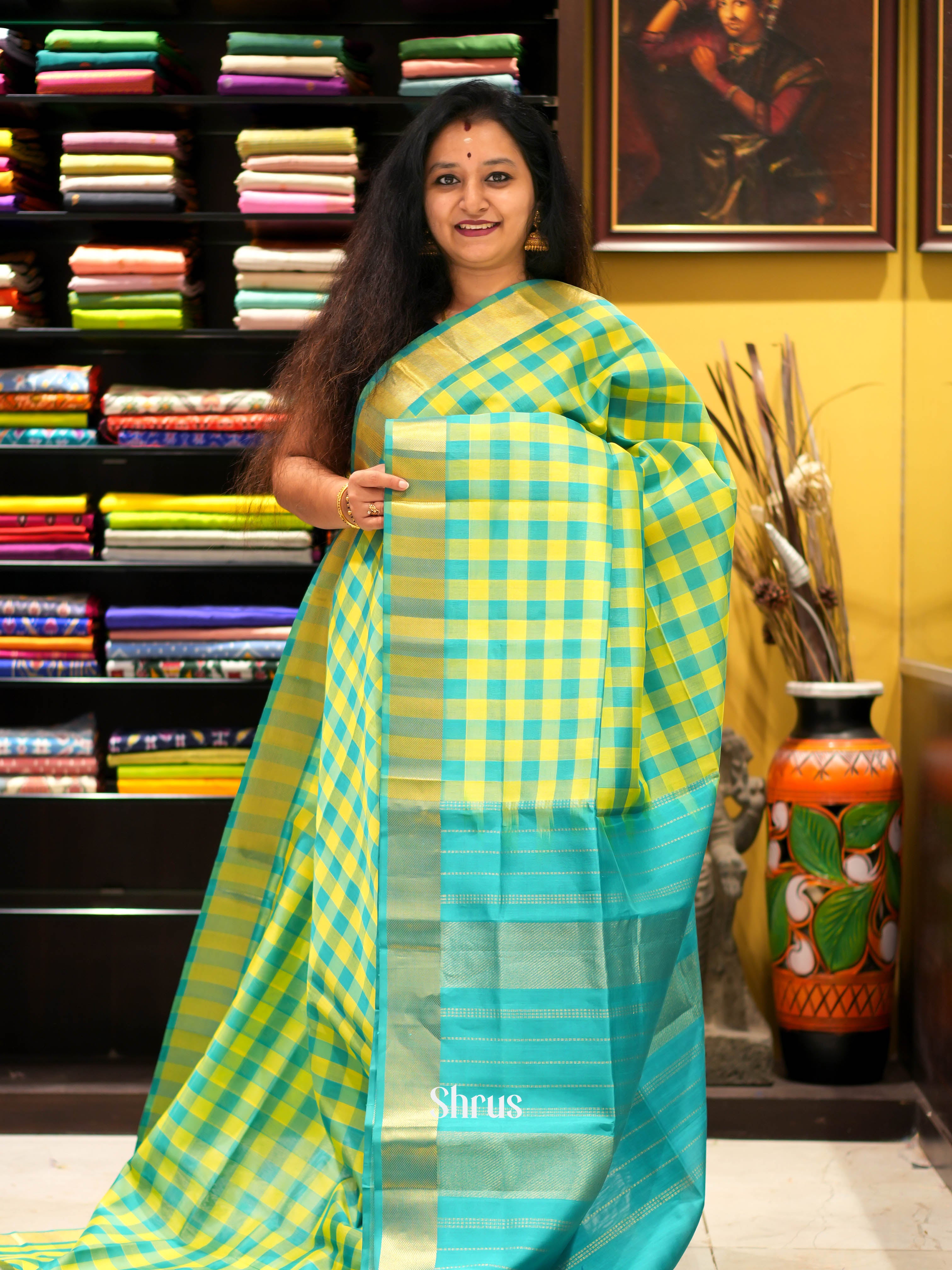 Yellow & Teal - Silk Cotton Saree - Shop on ShrusEternity.com