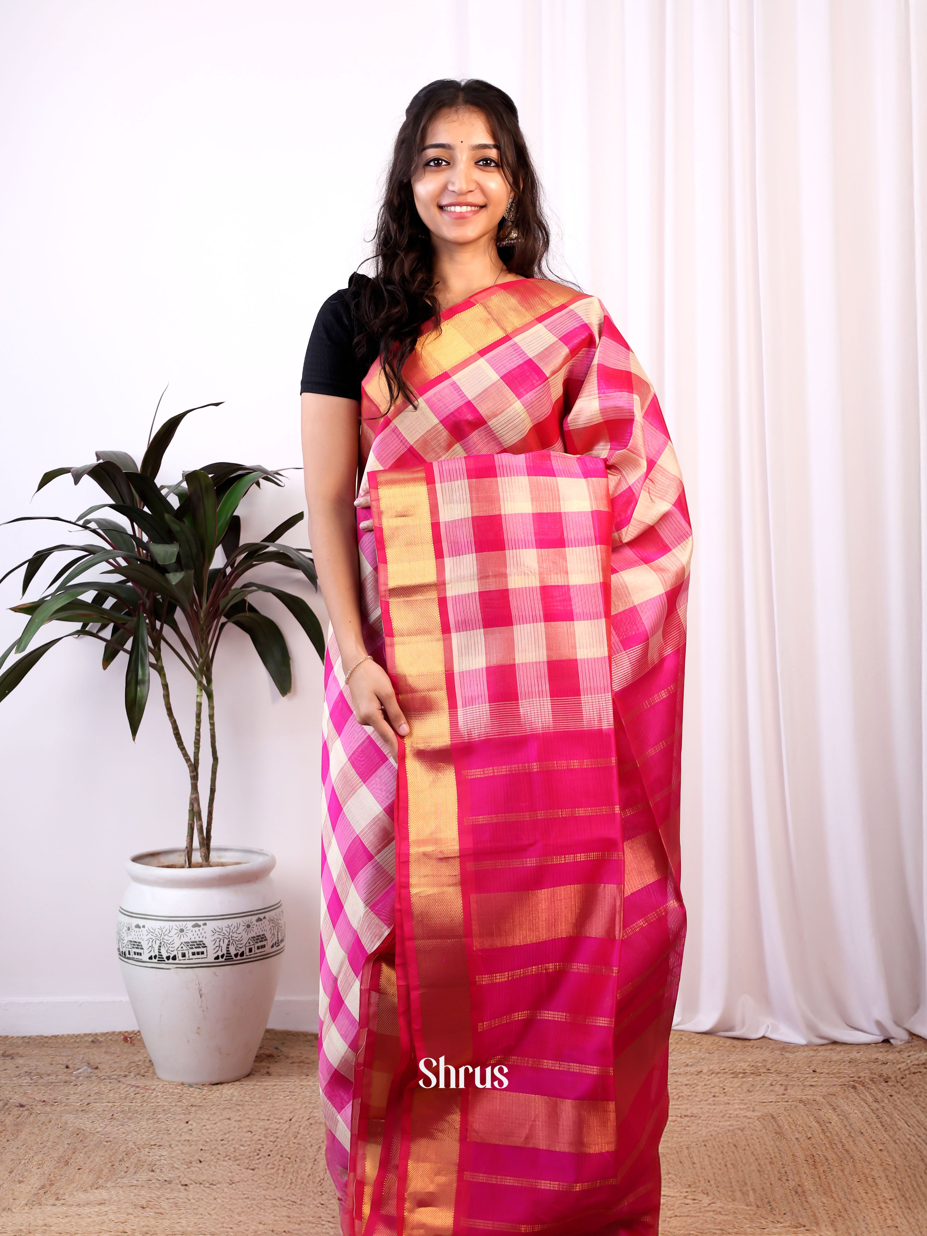 Pink & Cream - Silk Cotton Saree - Shop on ShrusEternity.com