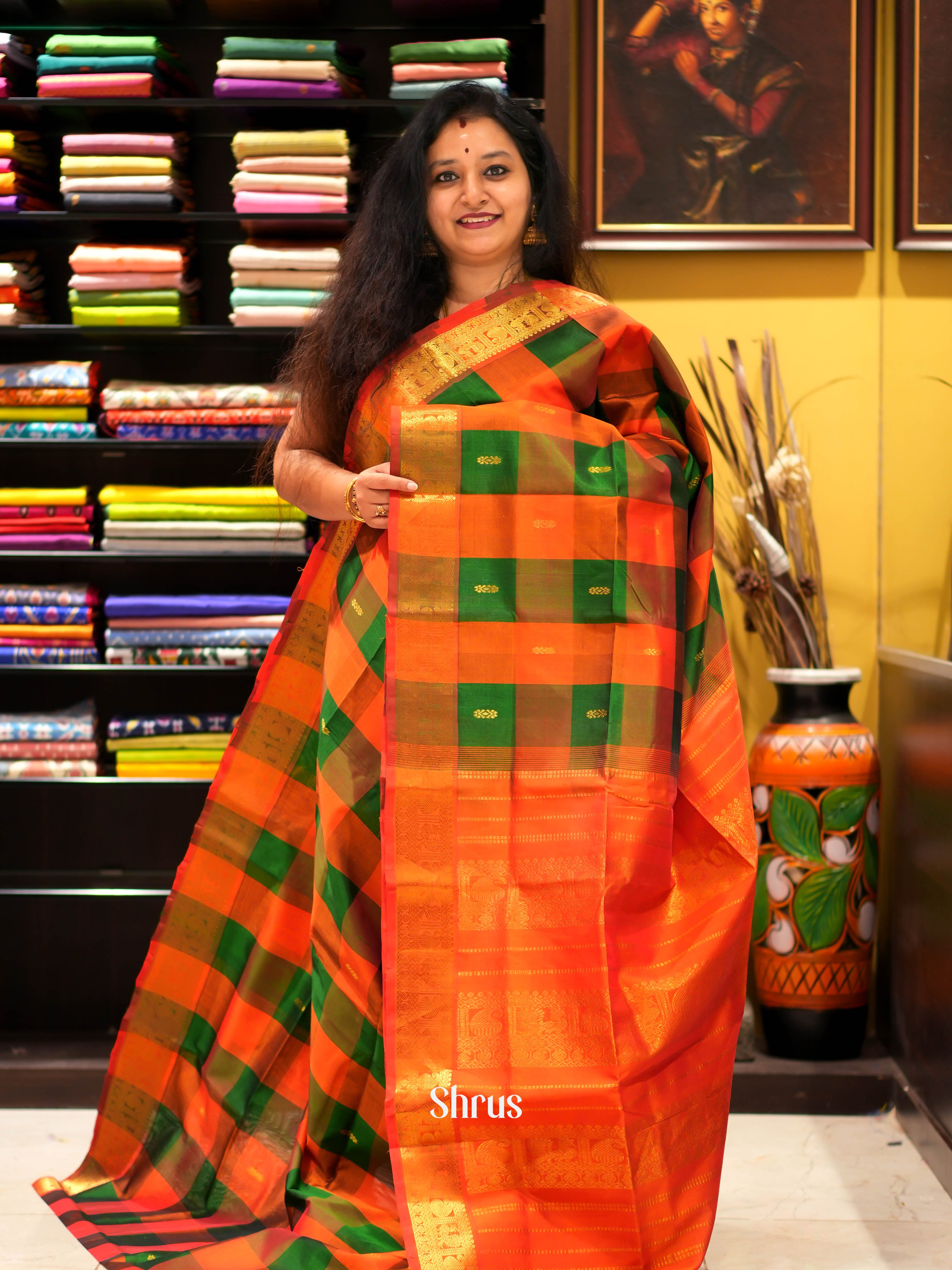 Green & Orange - Silk Cotton Saree - Shop on ShrusEternity.com