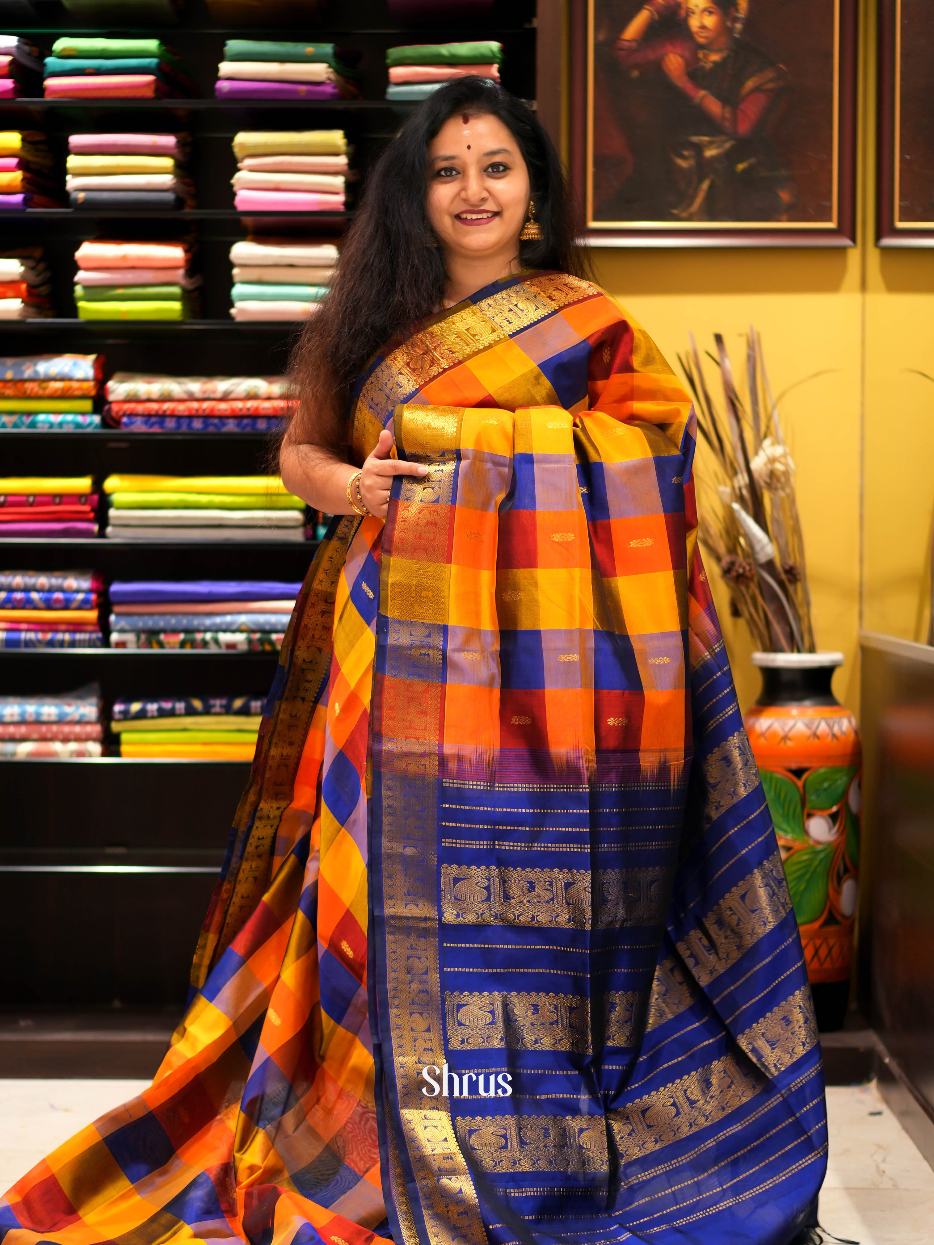 Orange & Blue- Silk Cotton Saree - Shop on ShrusEternity.com