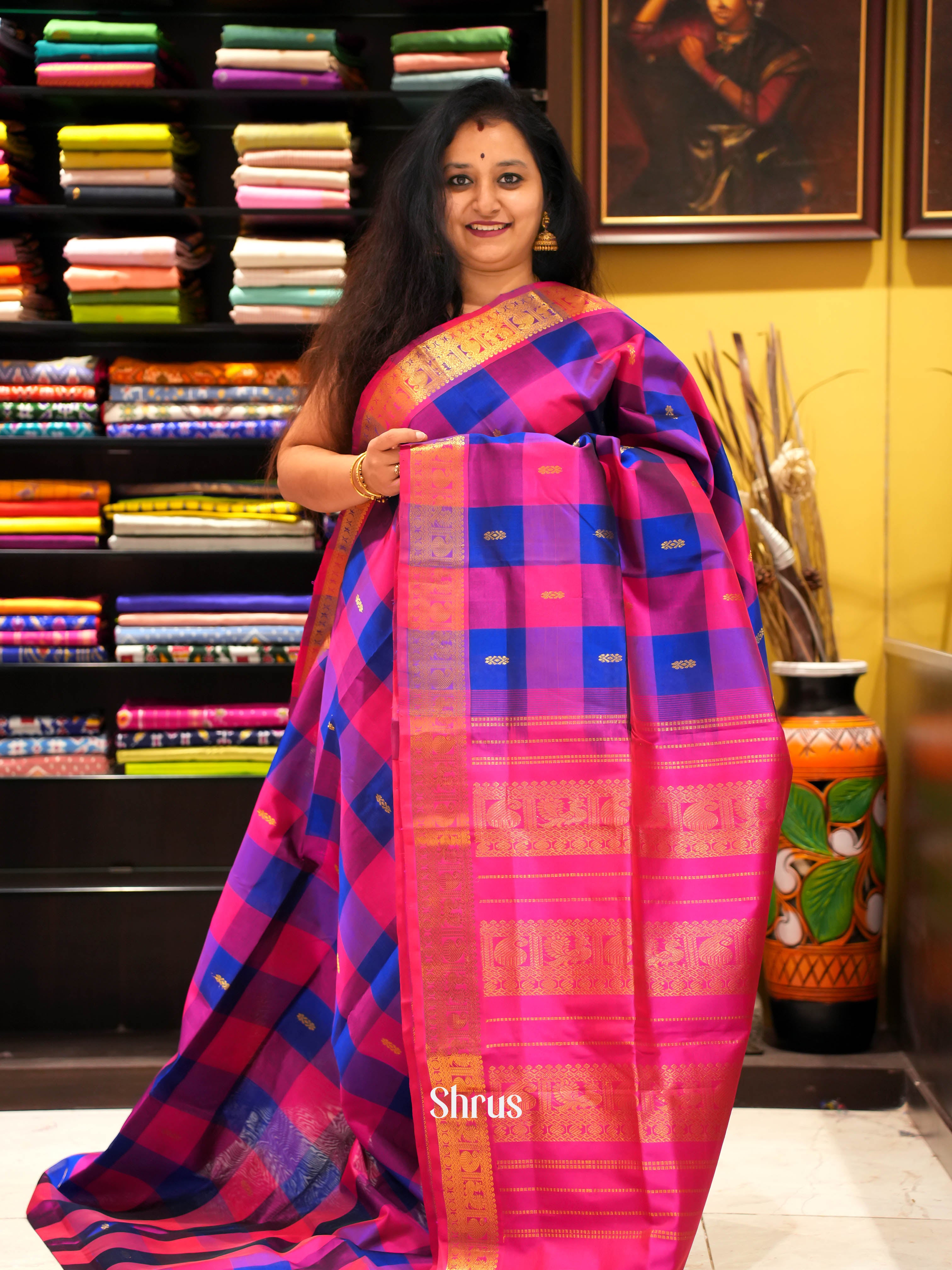 Blue & Pink - Silk Cotton Saree - Shop on ShrusEternity.com