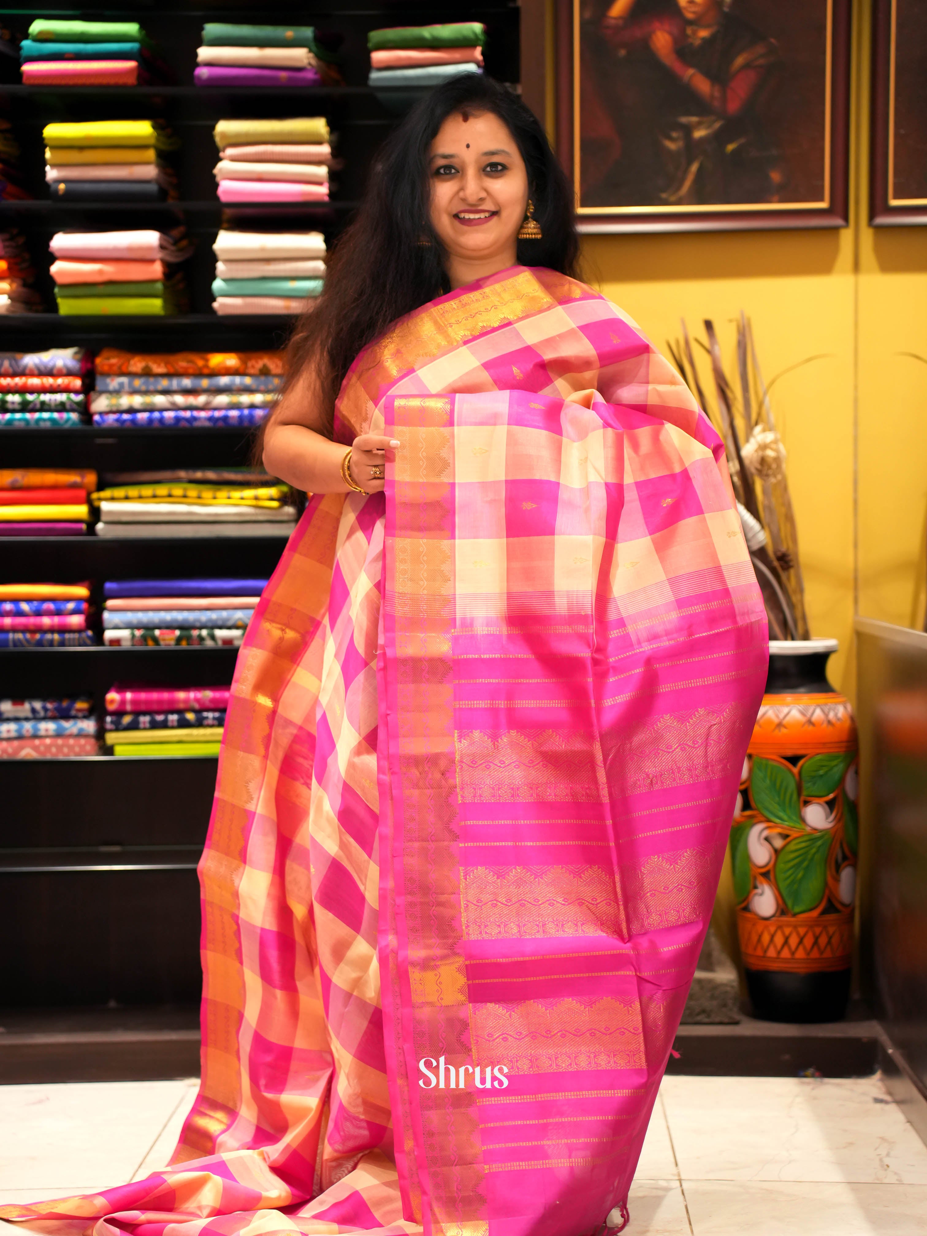 Cream & Pink - Silk Cotton Saree - Shop on ShrusEternity.com