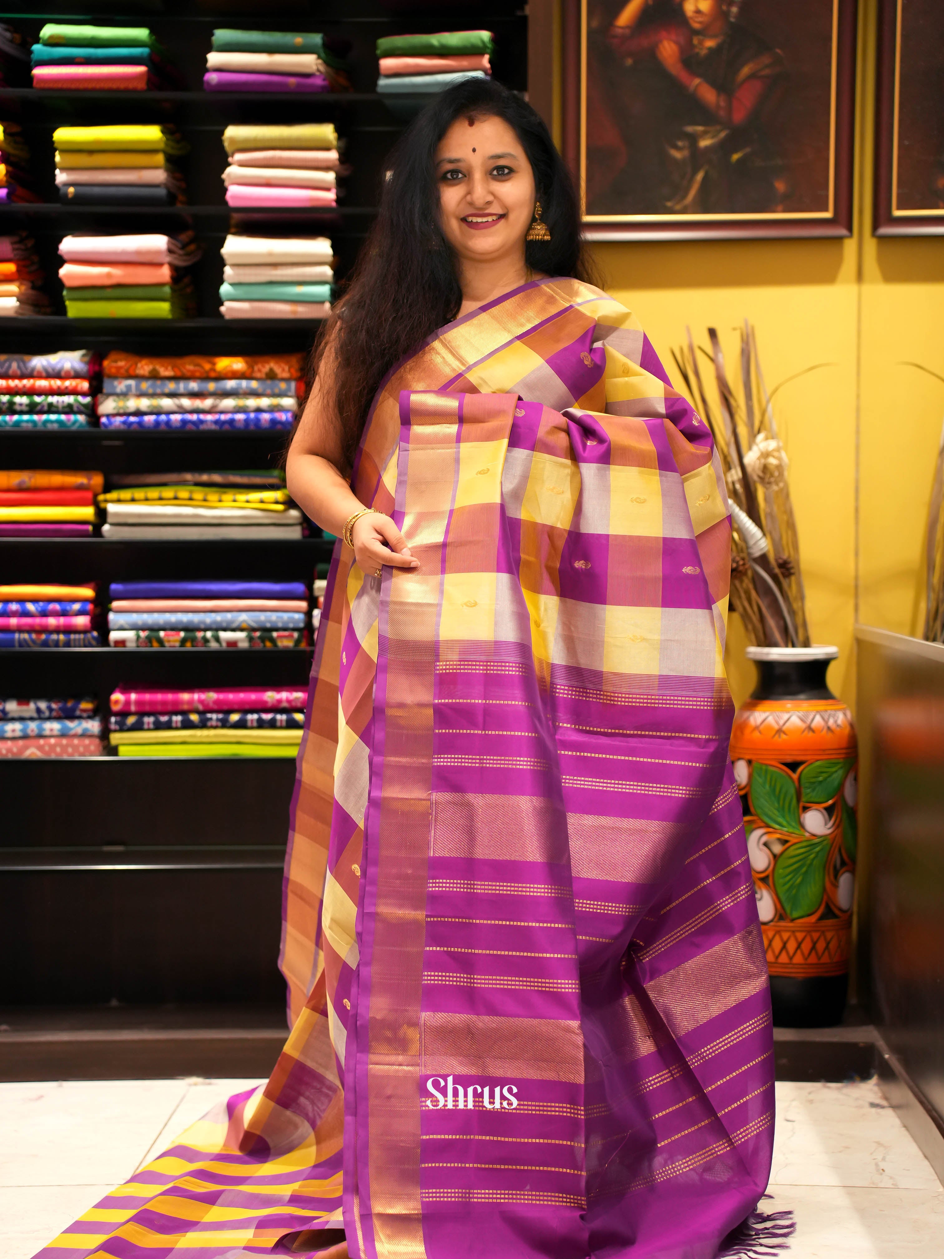 Beige & Purple - Silk Cotton Saree - Shop on ShrusEternity.com