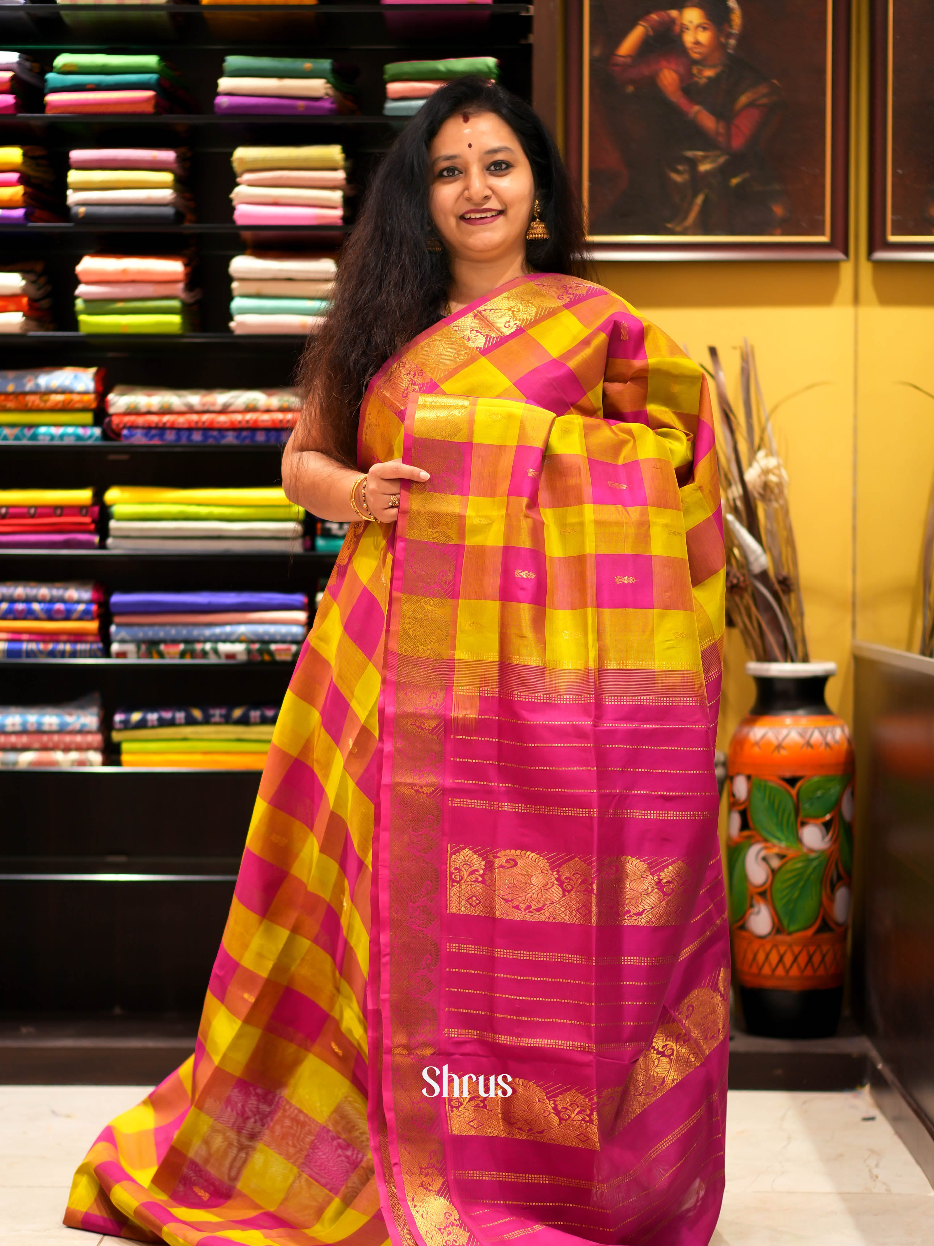 Yellow & Pink - Silk Cotton Saree - Shop on ShrusEternity.com