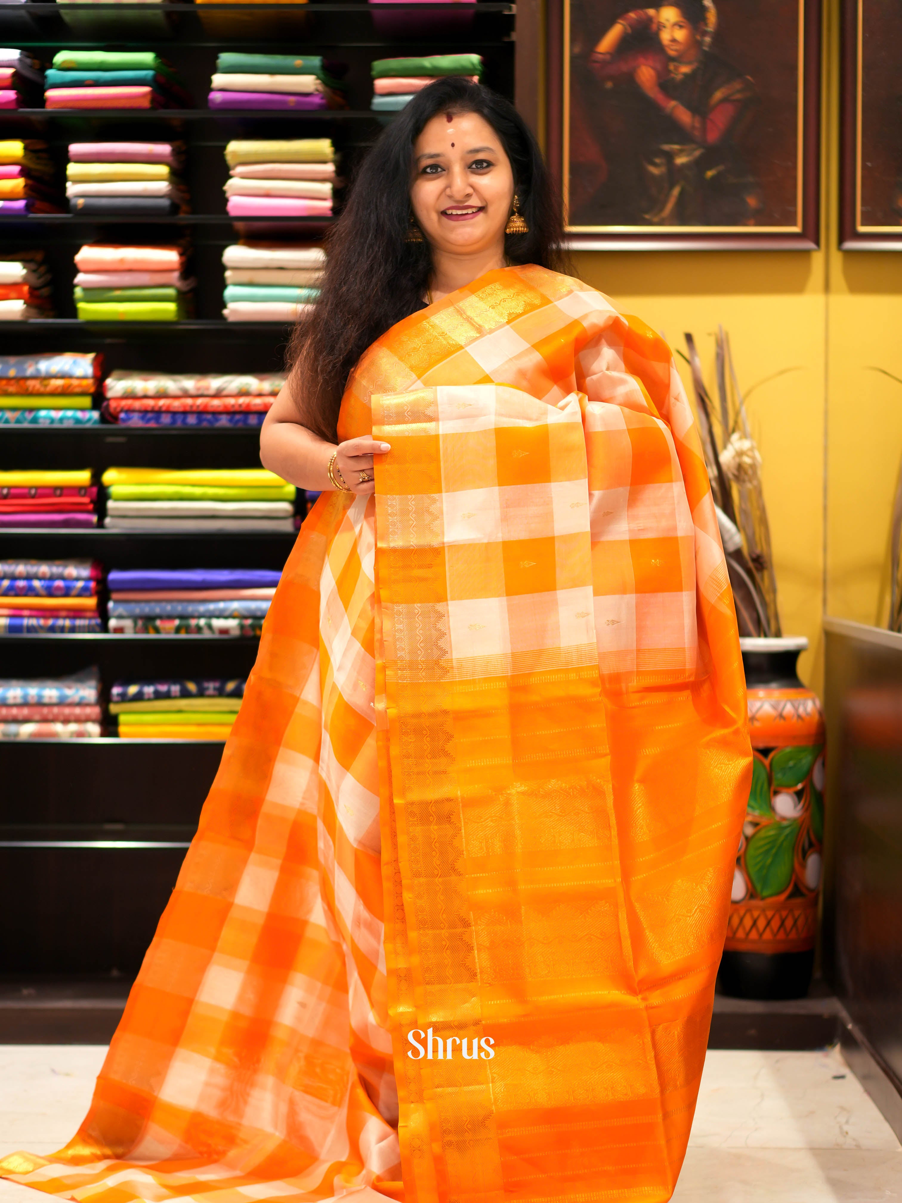 Cream & Orange - Silk Cotton Saree - Shop on ShrusEternity.com