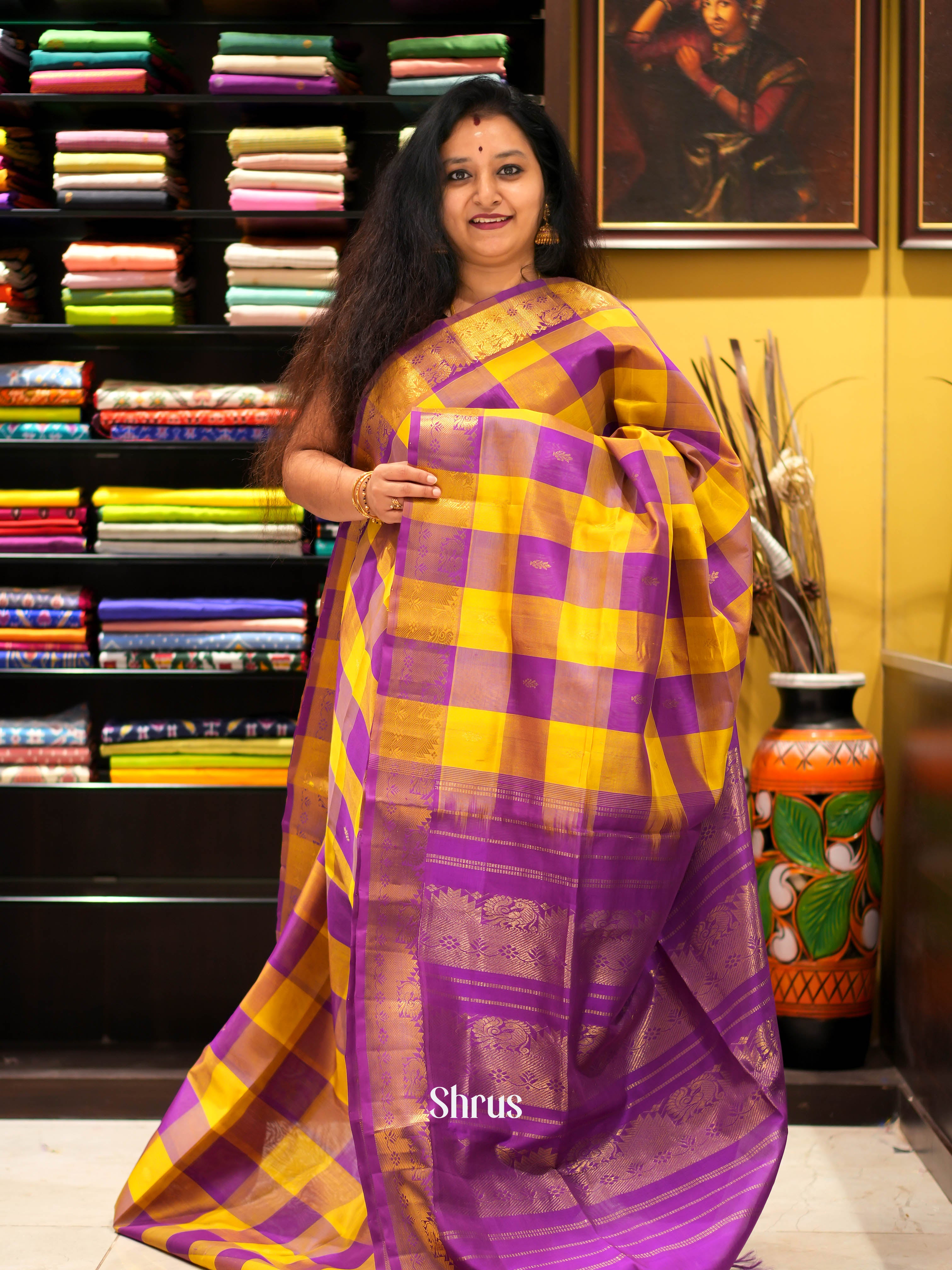 Yellow & Purple - Silk Cotton Saree - Shop on ShrusEternity.com