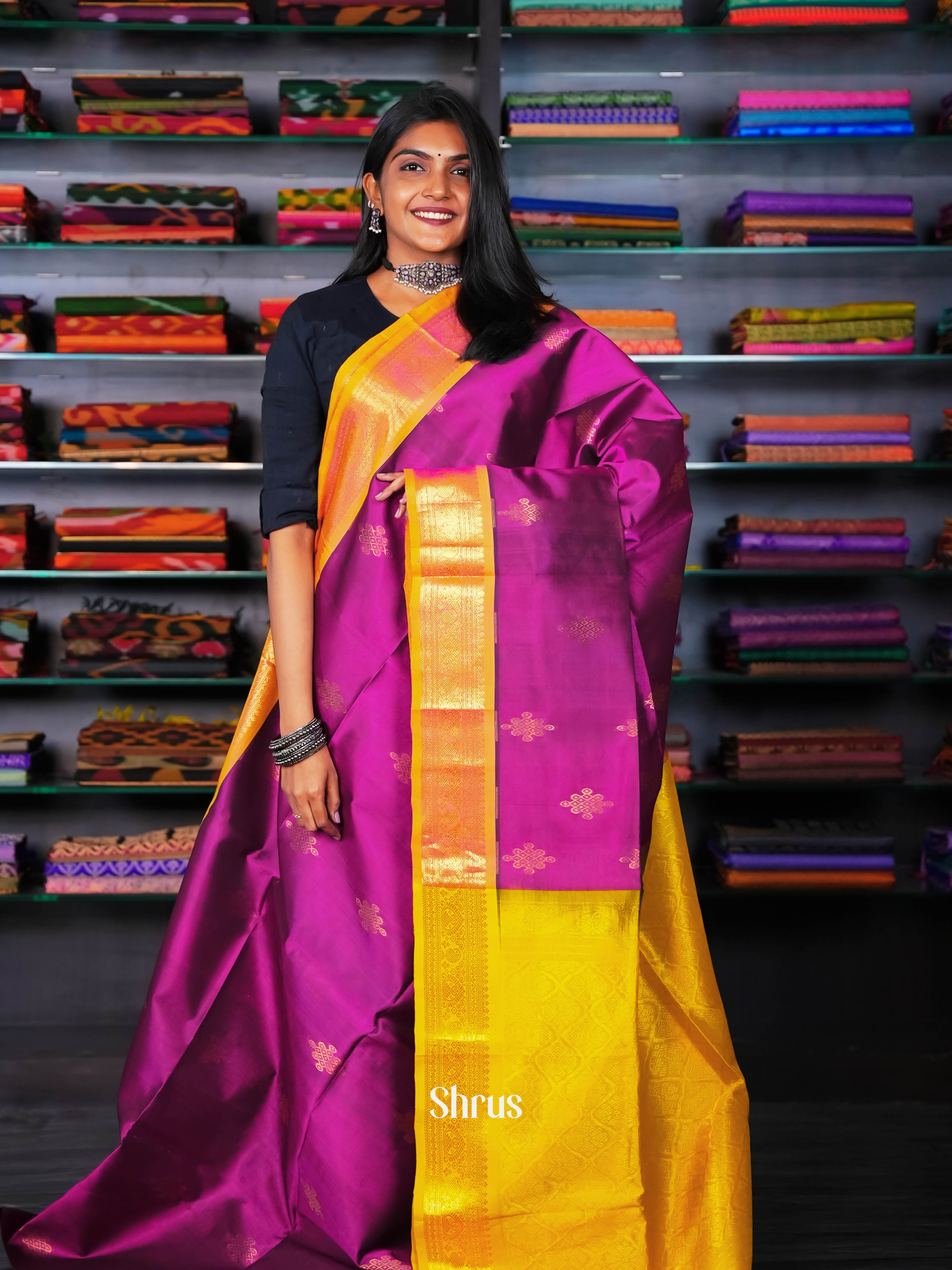 Purple & Yellow - Silk Cotton saree - Shop on ShrusEternity.com