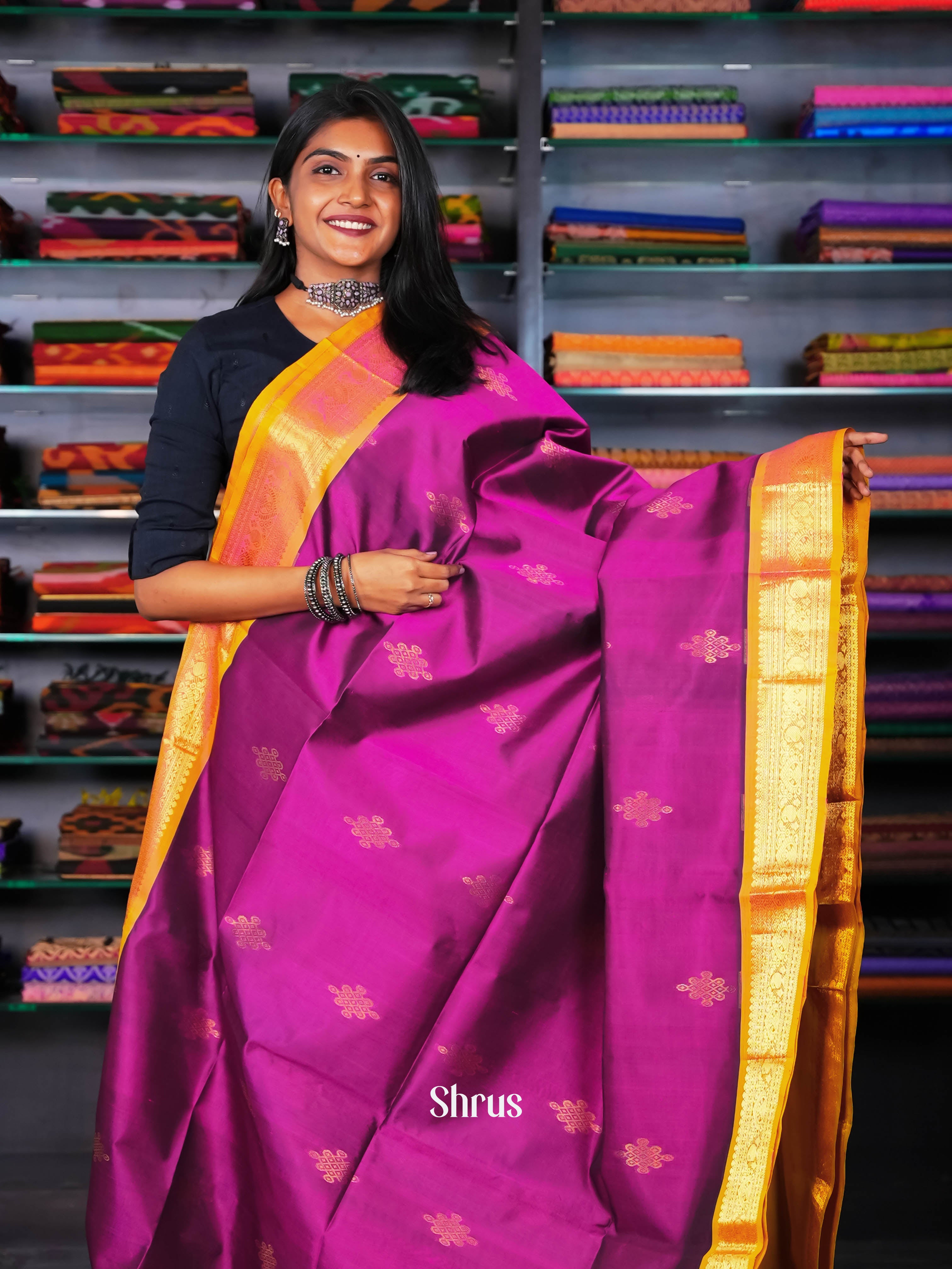 Purple & Yellow - Silk Cotton saree - Shop on ShrusEternity.com