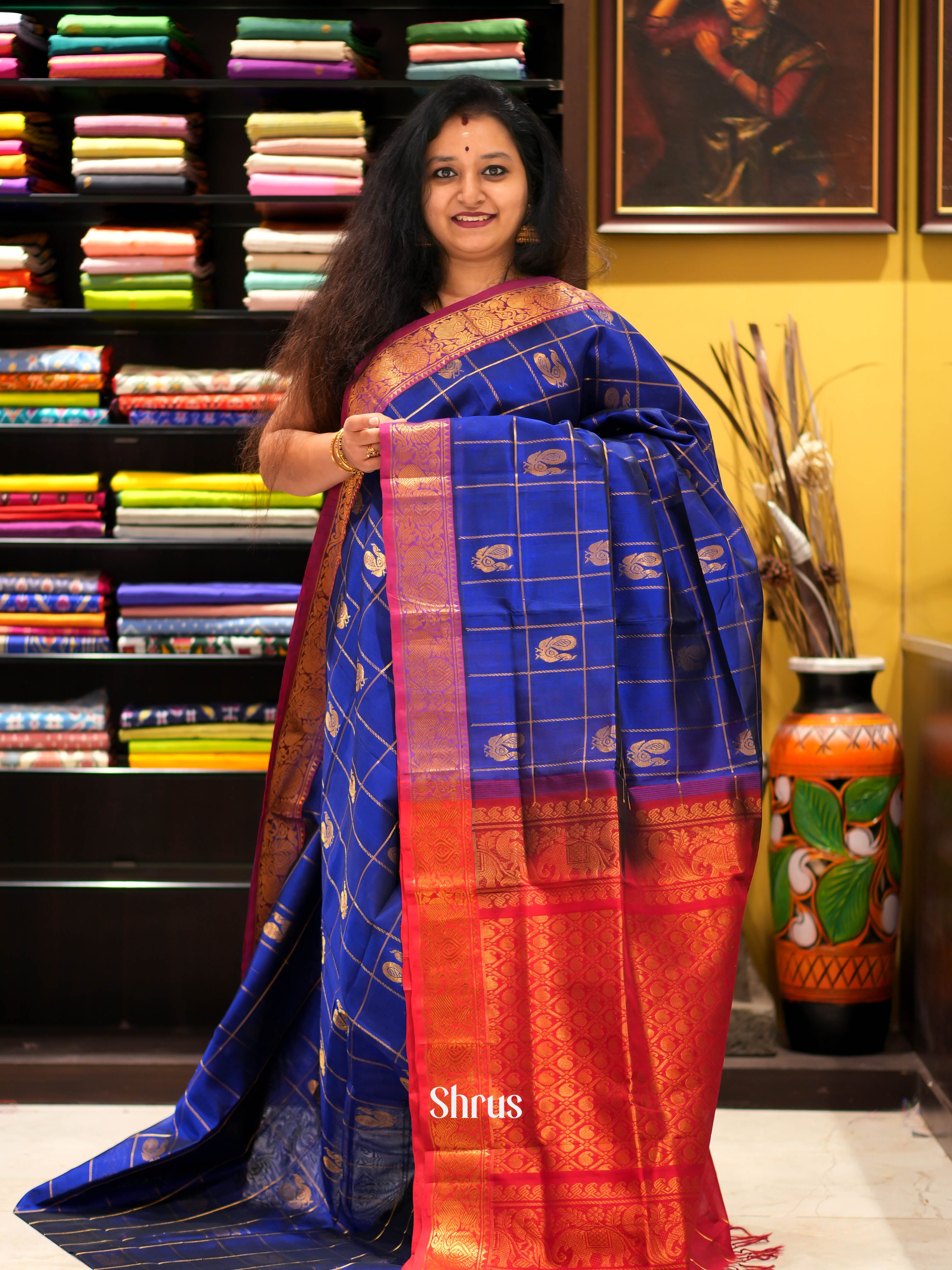 Blue & Red - Silk Cotton Saree - Shop on ShrusEternity.com