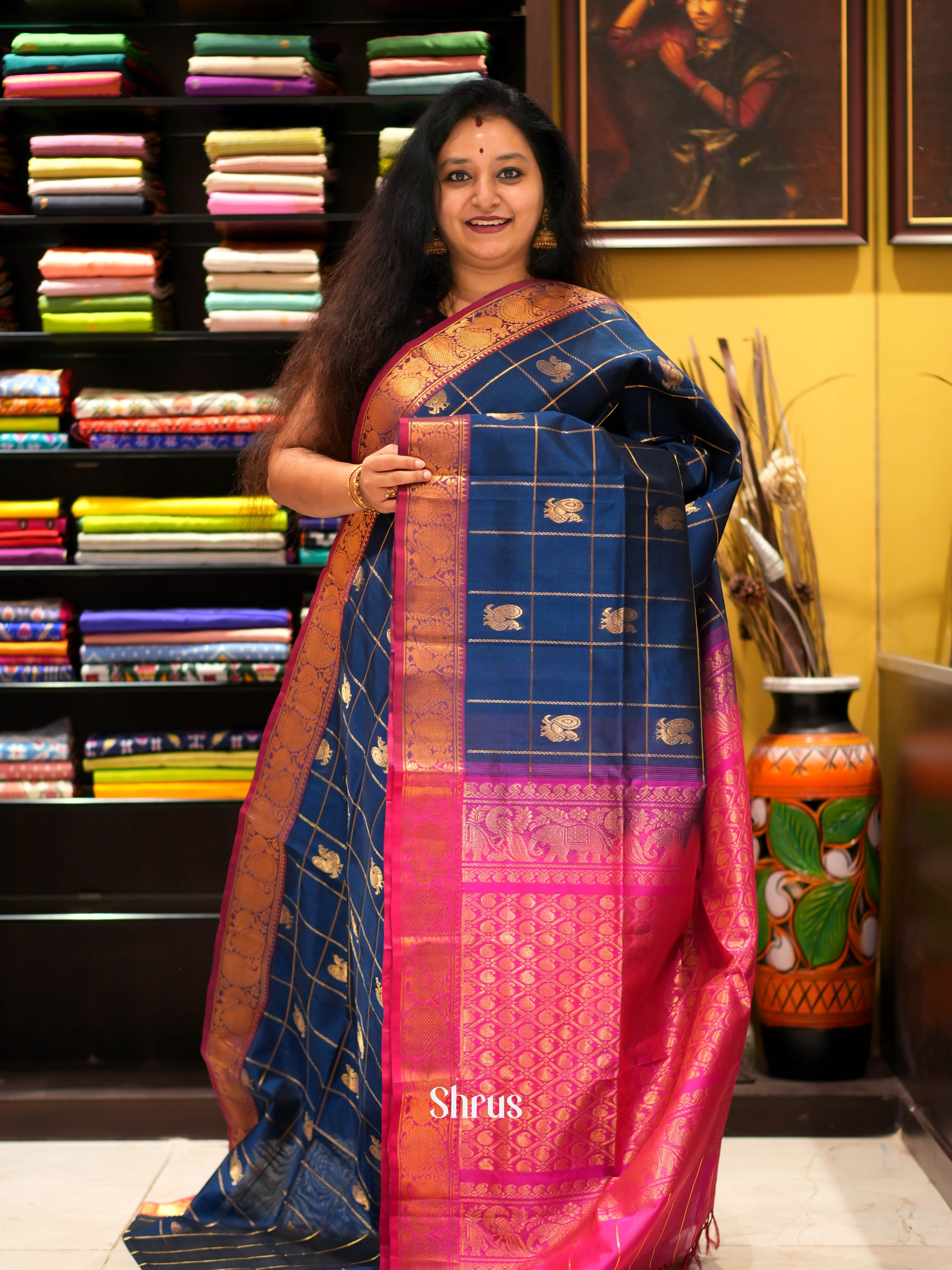 Blue & Pink - Silk Cotton Saree - Shop on ShrusEternity.com