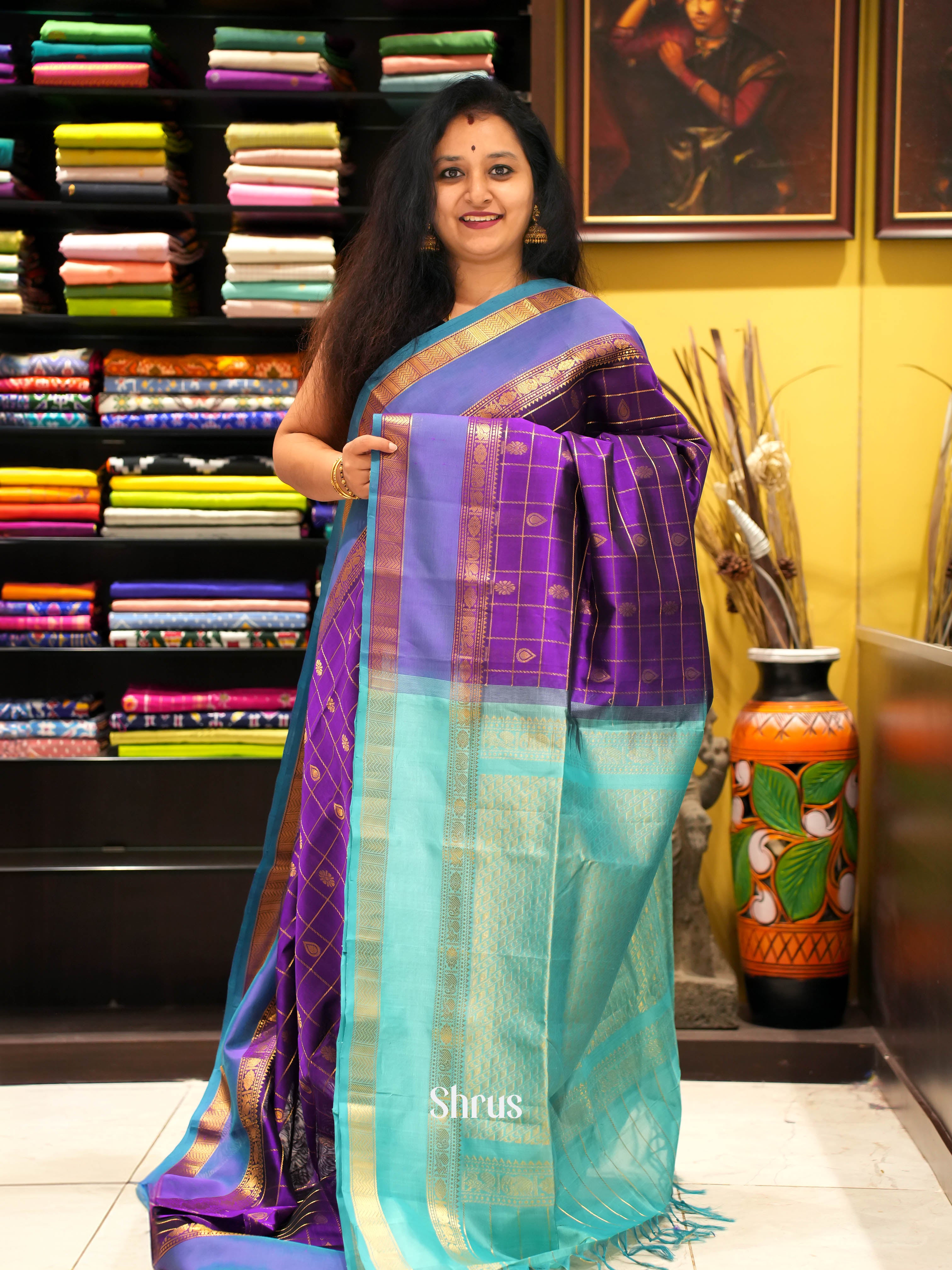 Purple & Teal - Silk Cotton Saree - Shop on ShrusEternity.com