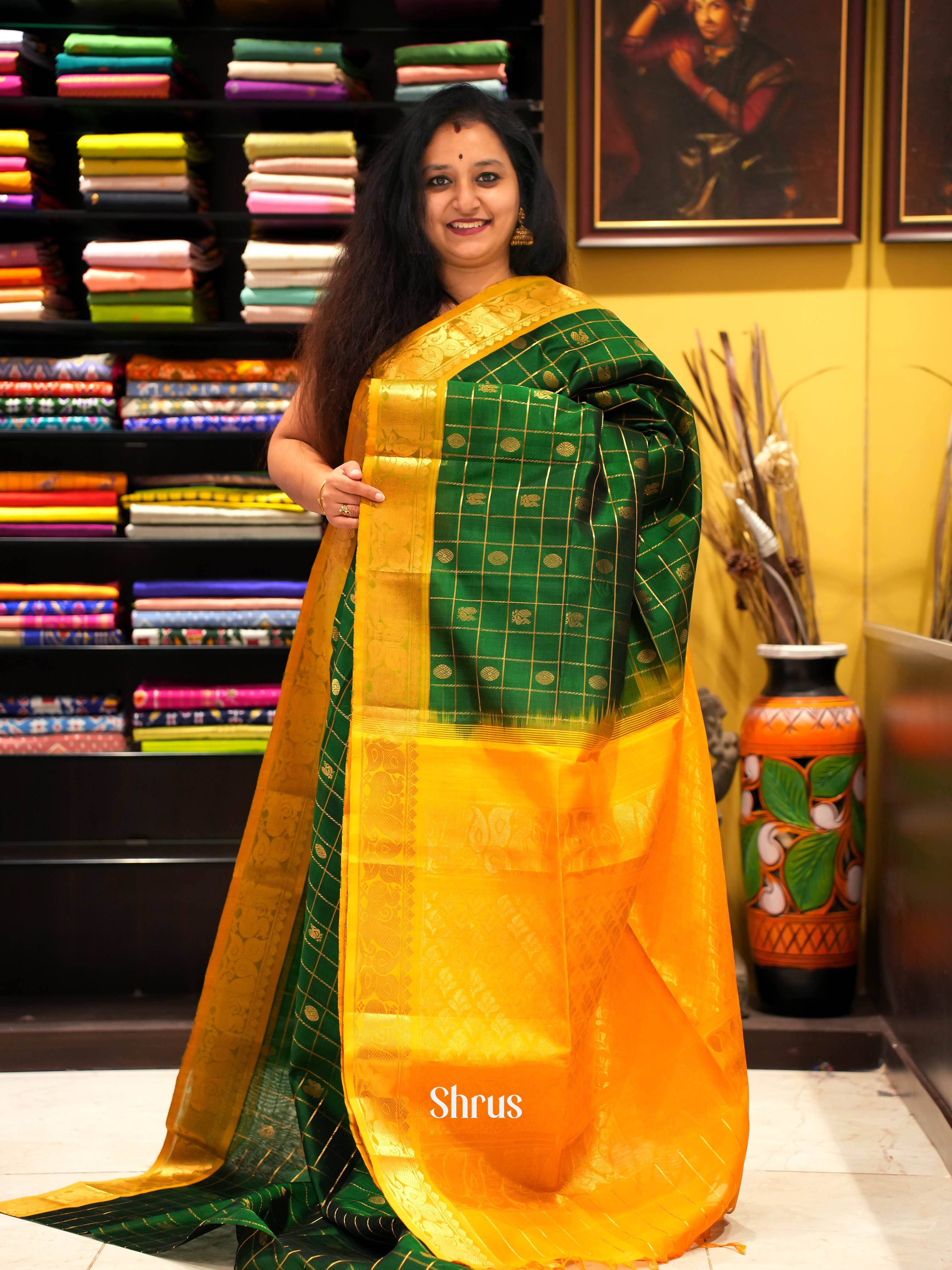 Green & Yellow - Silk Cotton Saree - Shop on ShrusEternity.com