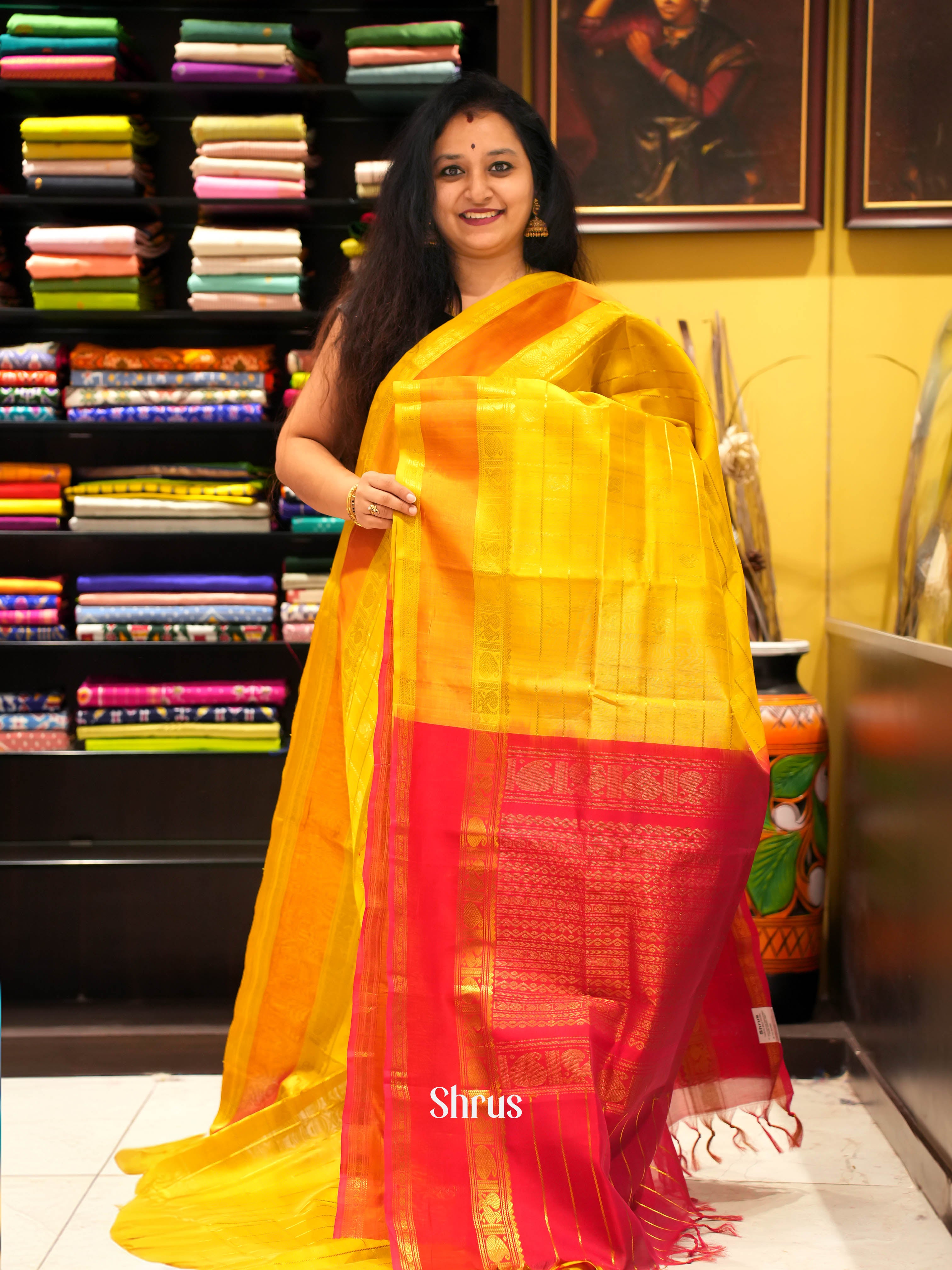 Yellow & Red - Silk Cotton Saree - Shop on ShrusEternity.com