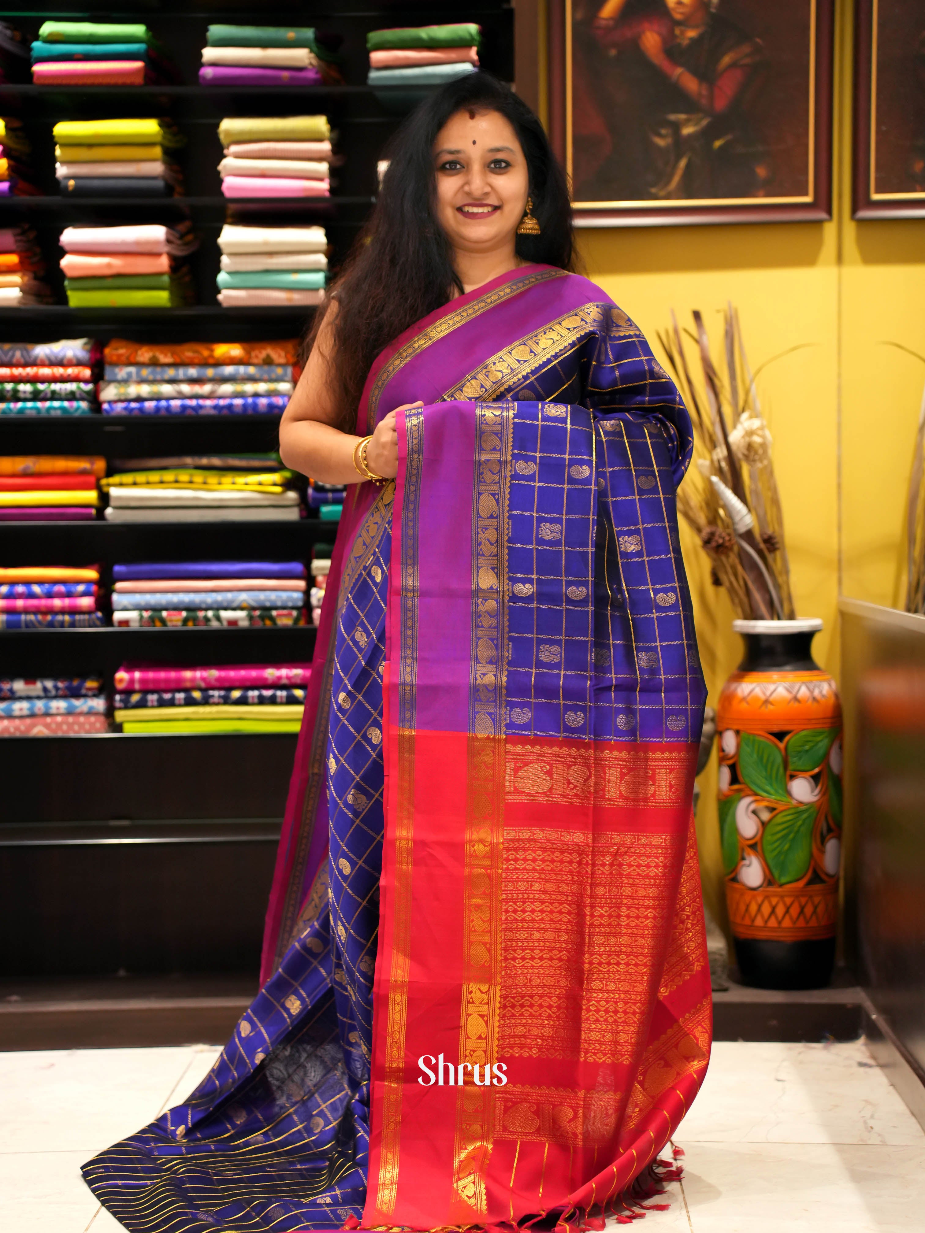 Blue & Red - Silk Cotton Saree - Shop on ShrusEternity.com